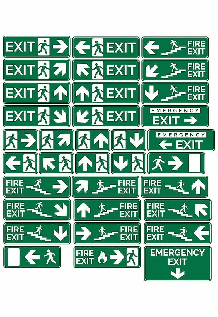CVANU FIRE EXIT - Safety Sign Board With Running Man With Arrow (Up Down Right Left symbol ), EMERGENCY EXIT Sticker With Safety Message-Green colour