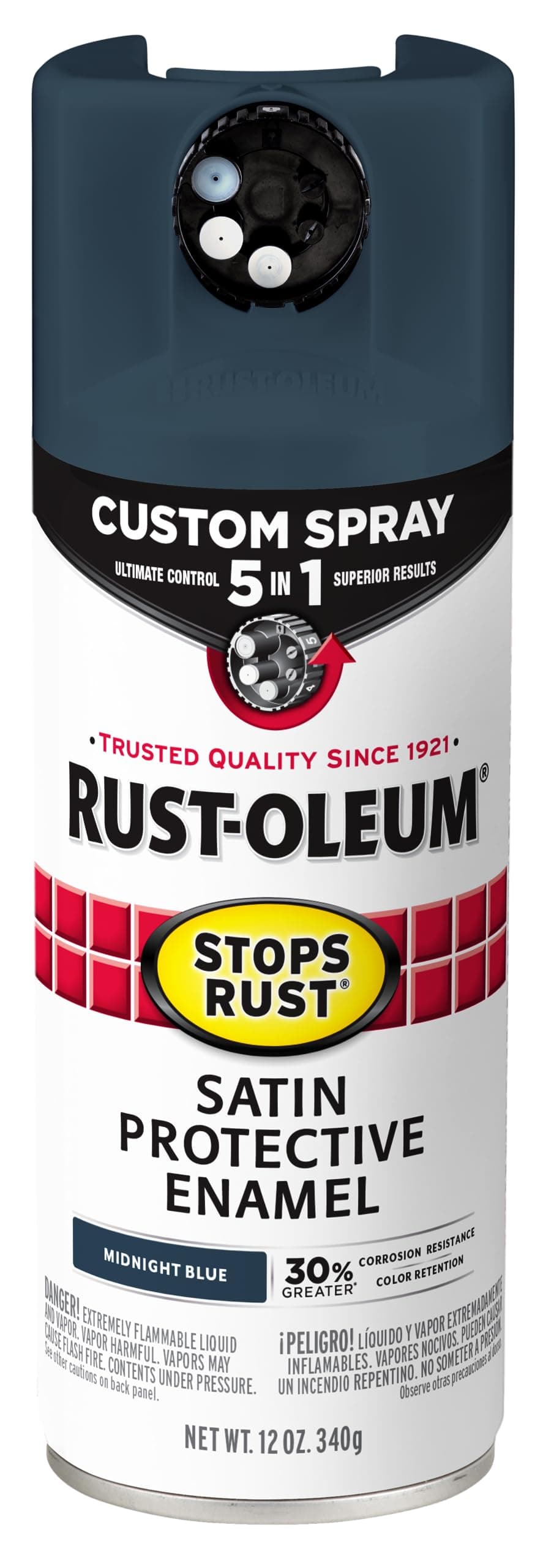 Rust-Oleum 383422 Stops Rust Custom Spray 5-in-1 Spray Paint, 12 oz, Satin Midnight Blue, (Pack of 1)