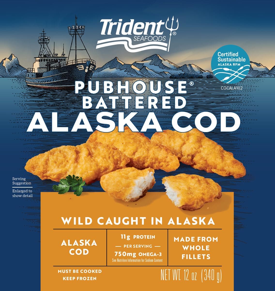 Trident Seafoods - Pub House Battered Cod - 12 oz, Frozen - Wild Caught Alaska Cod - 11g of Protein and 780mg of Omega-3 Per Serving - Made from Whole Fillets - Certified Sustainable