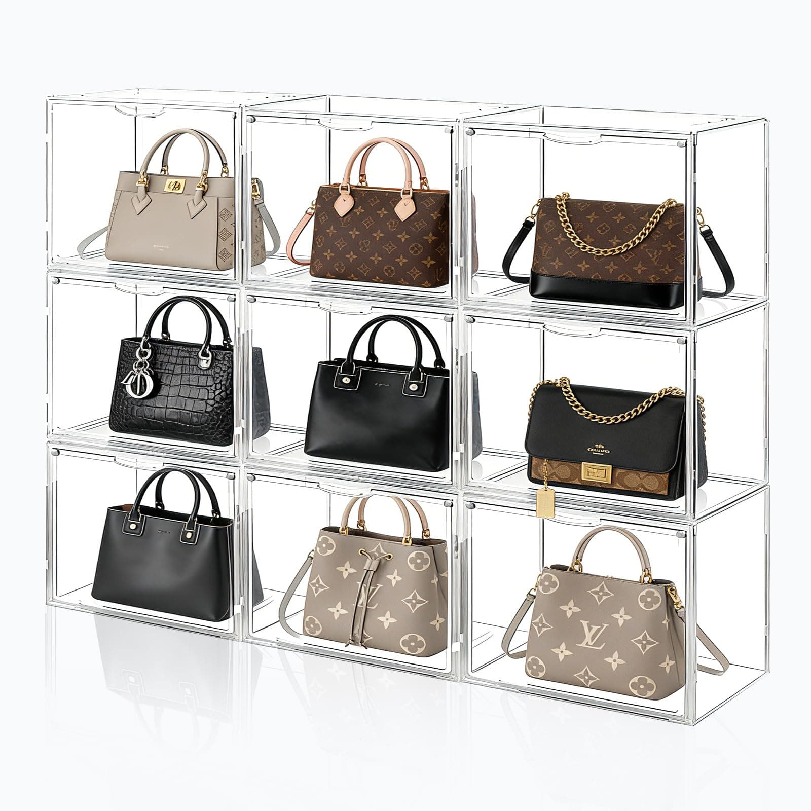 6 Pack Clear Acrylic Purse Organizer for Closet, Stackable Handbag Storage Boxes with Magnetic Doors, Dustproof Display Cases for Bags, Shoes & Collectibles