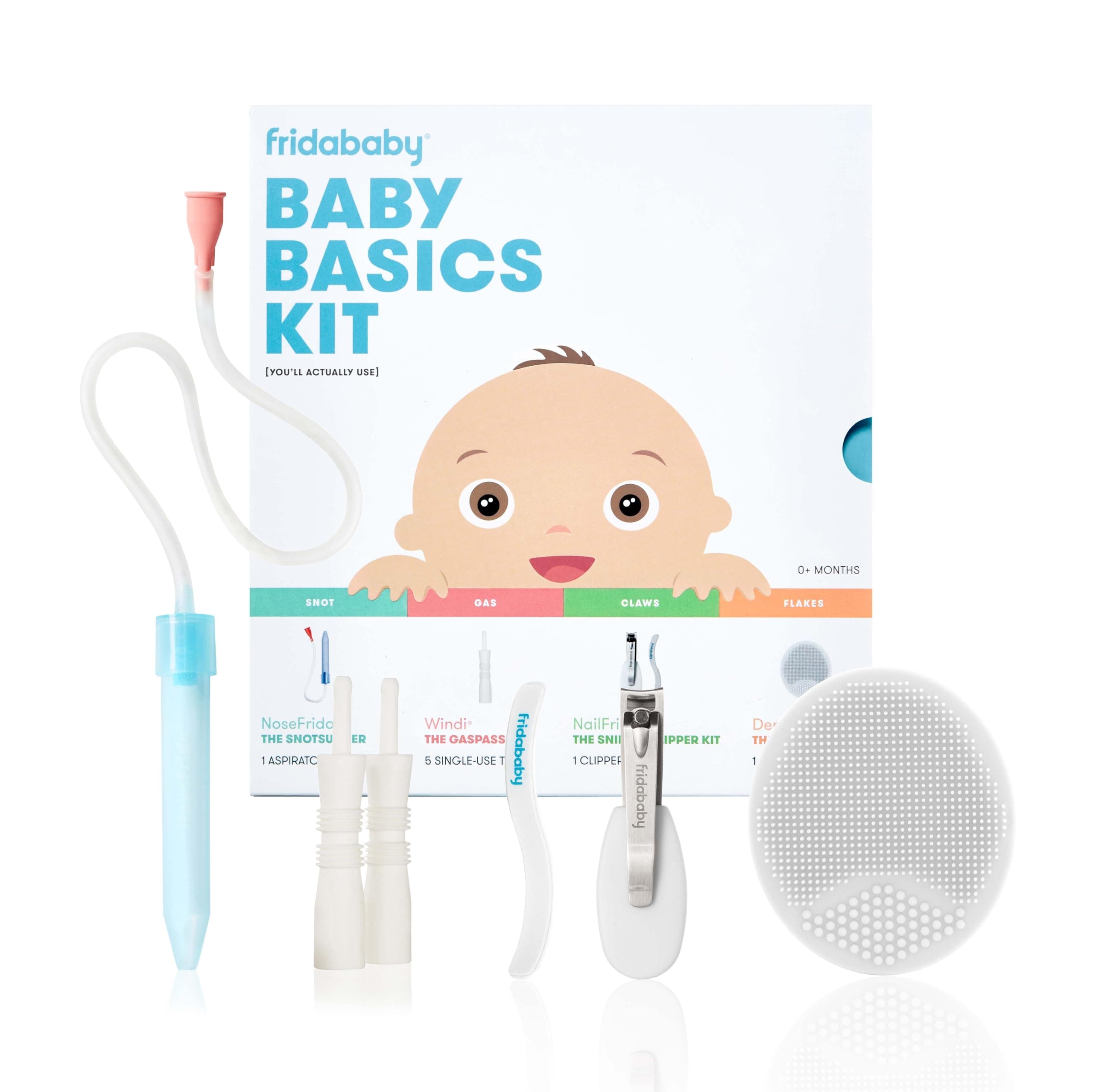 Frida Baby Basics Kit, 6pc Baby Essentials Kit Includes Nasal Aspirator Snotsucker, NailFrida Nail Files, Windi Gas Relief, DermaFrida Bath Brush + Silicone Carry Case