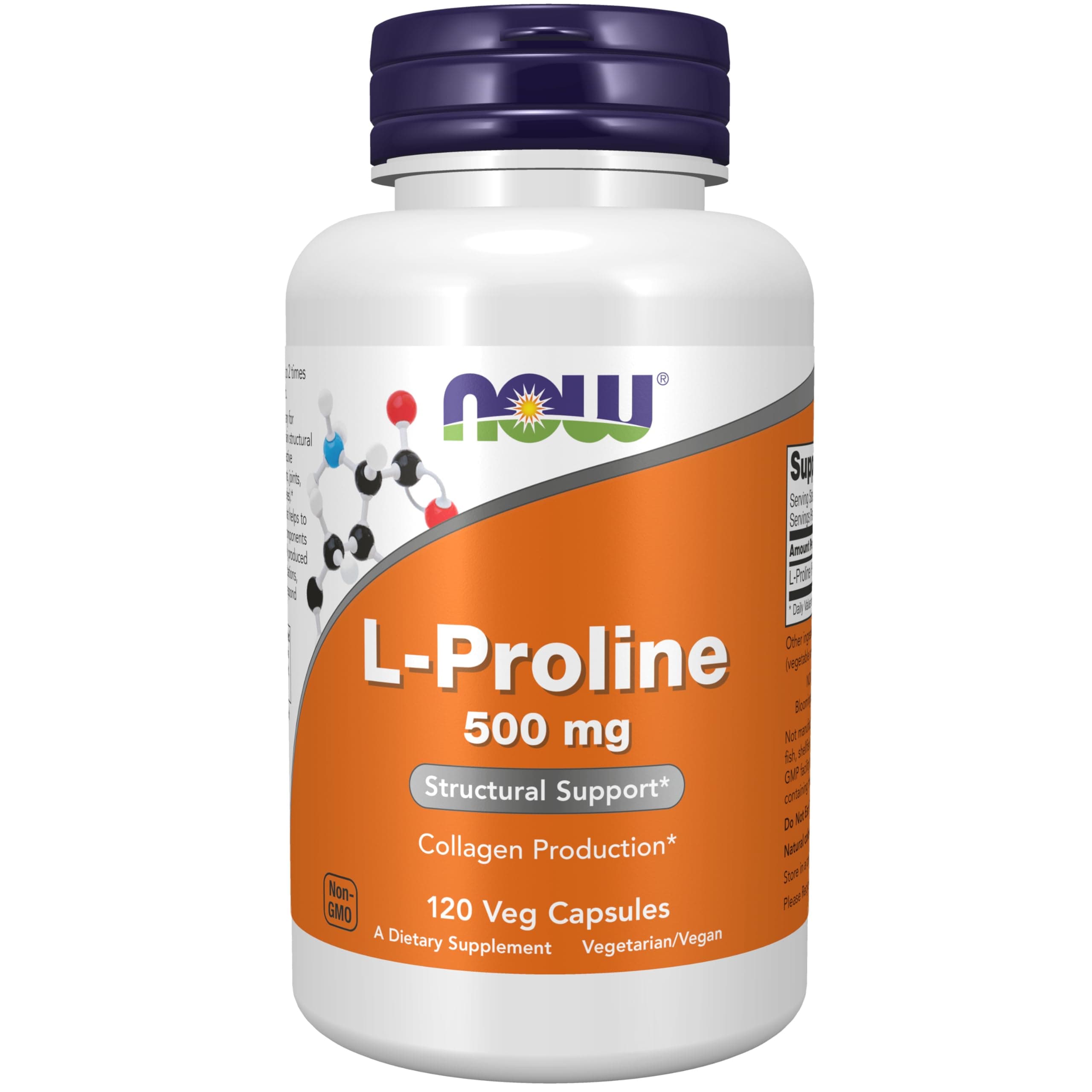 NOW Supplements, L-Proline 500 mg, Collagen Production*, Structural Support*, 120 Veg Capsules