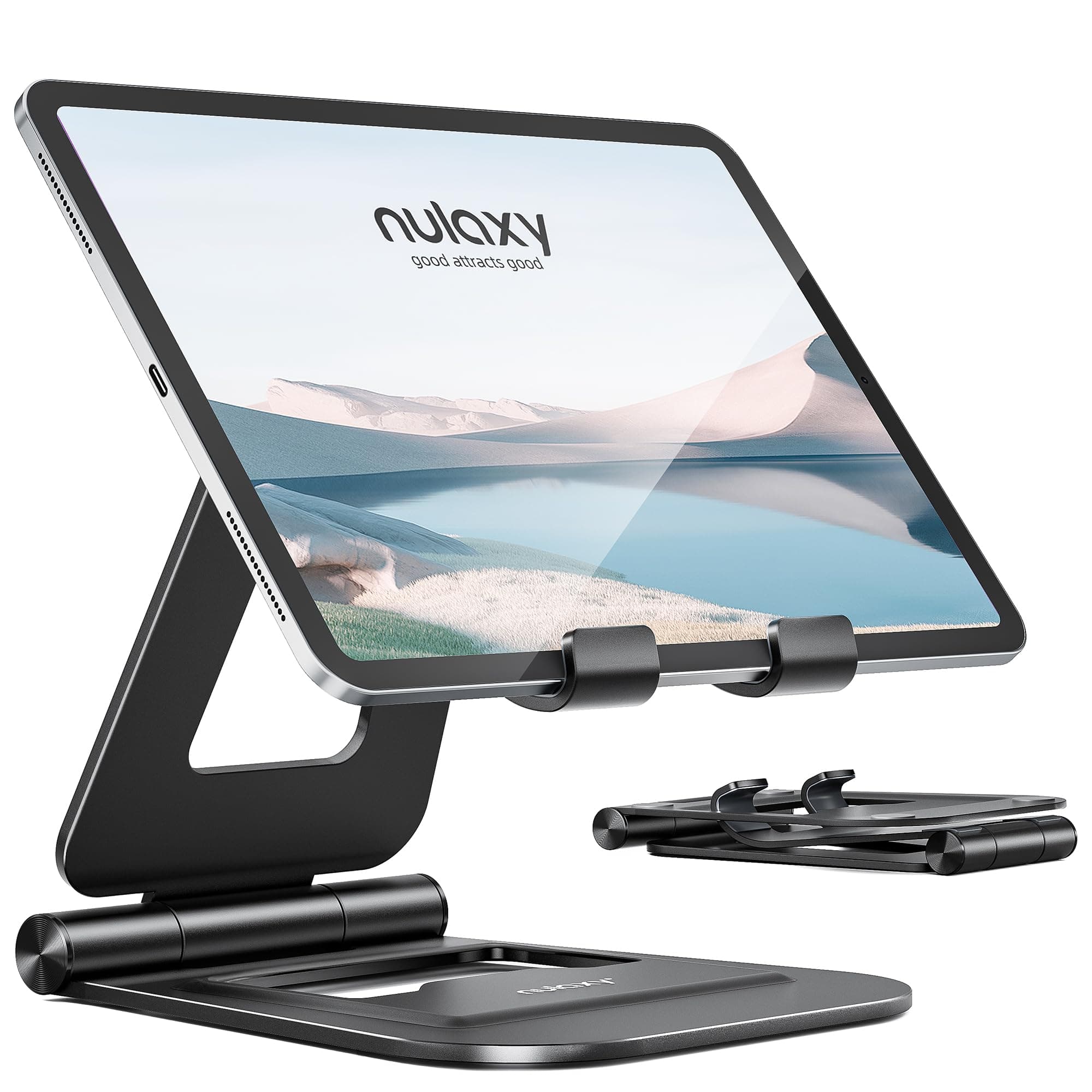 Aluminum Dual Foldable iPad Stand, Fully Adjustable Desktop Tablet Holder, Tablet Accessories for Office Kindle Compatible with Mobile Devices iPad Pro/Air/Mini, iPhone Pro/Max/Plus, Black