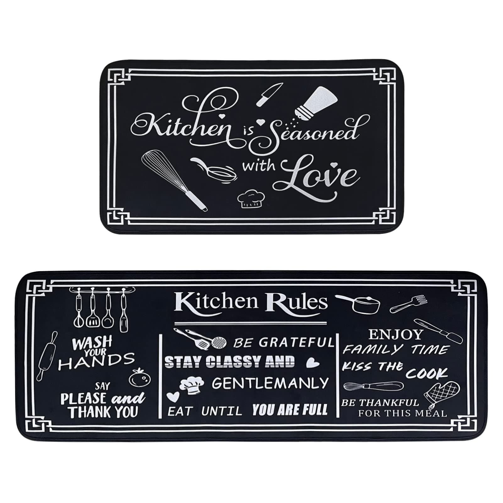Black and White Kitchen Rugs, Non-Skid Washable Microfiber Kitchen Mats, Kitchen Rules Theme, Set of 2, Sizes 17"x30" and 17"x47"