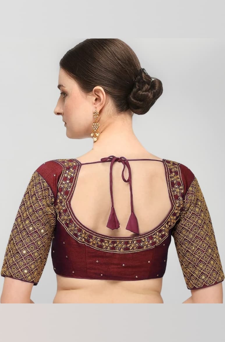 Pujia Mills Women's Embroidery Handwork Sequence Work Necklace Design Readymade Blouse