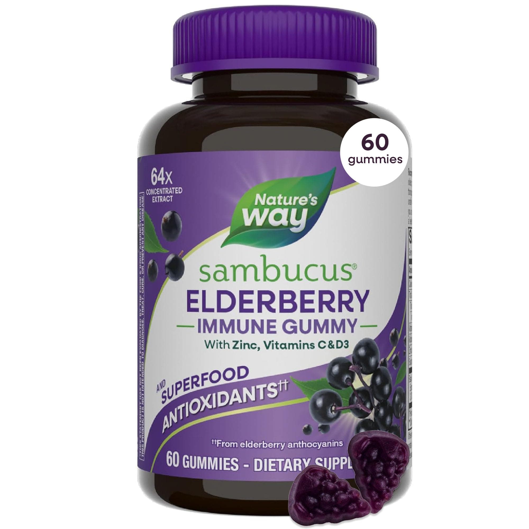 Nature’s Way Sambucus Elderberry Gummies, Immune Support Gummy for Adults & Kids Ages 4+ with Black Elderberry Extract, Vitamin C, Vitamin D3, and Zinc*, 60 Gummies