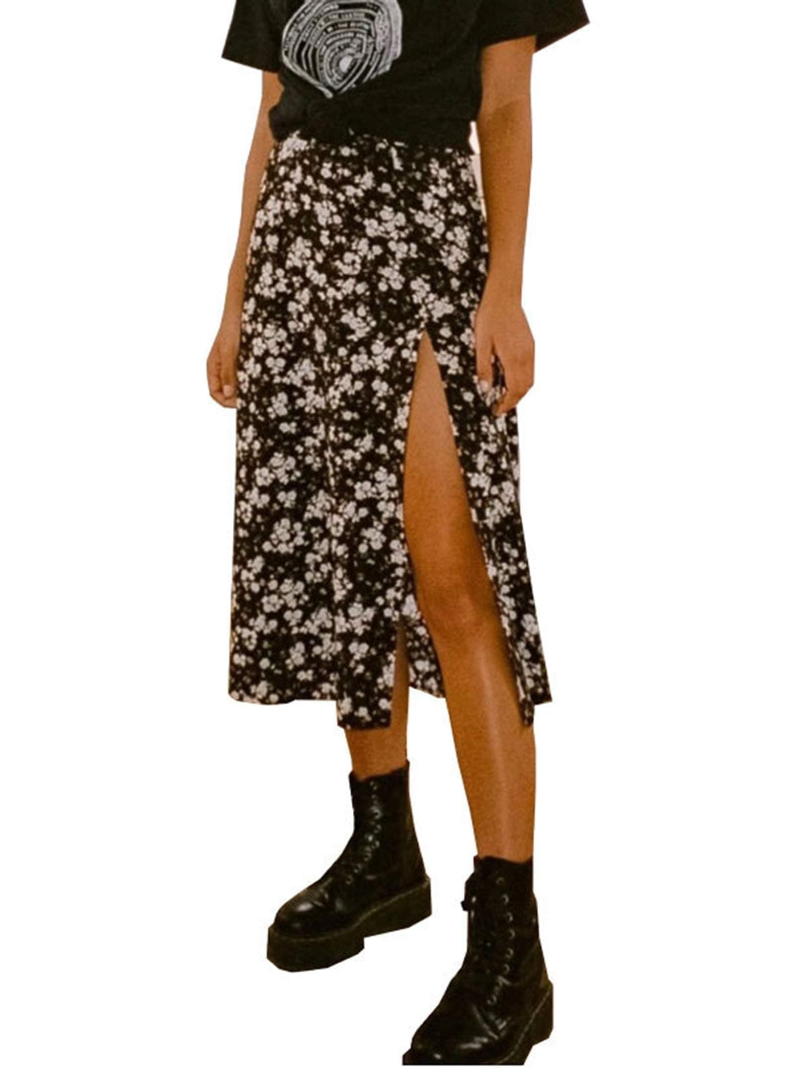 AvanovaWomen's Boho Leopard Print Thigh High Waist A Line Split Midi Skirt