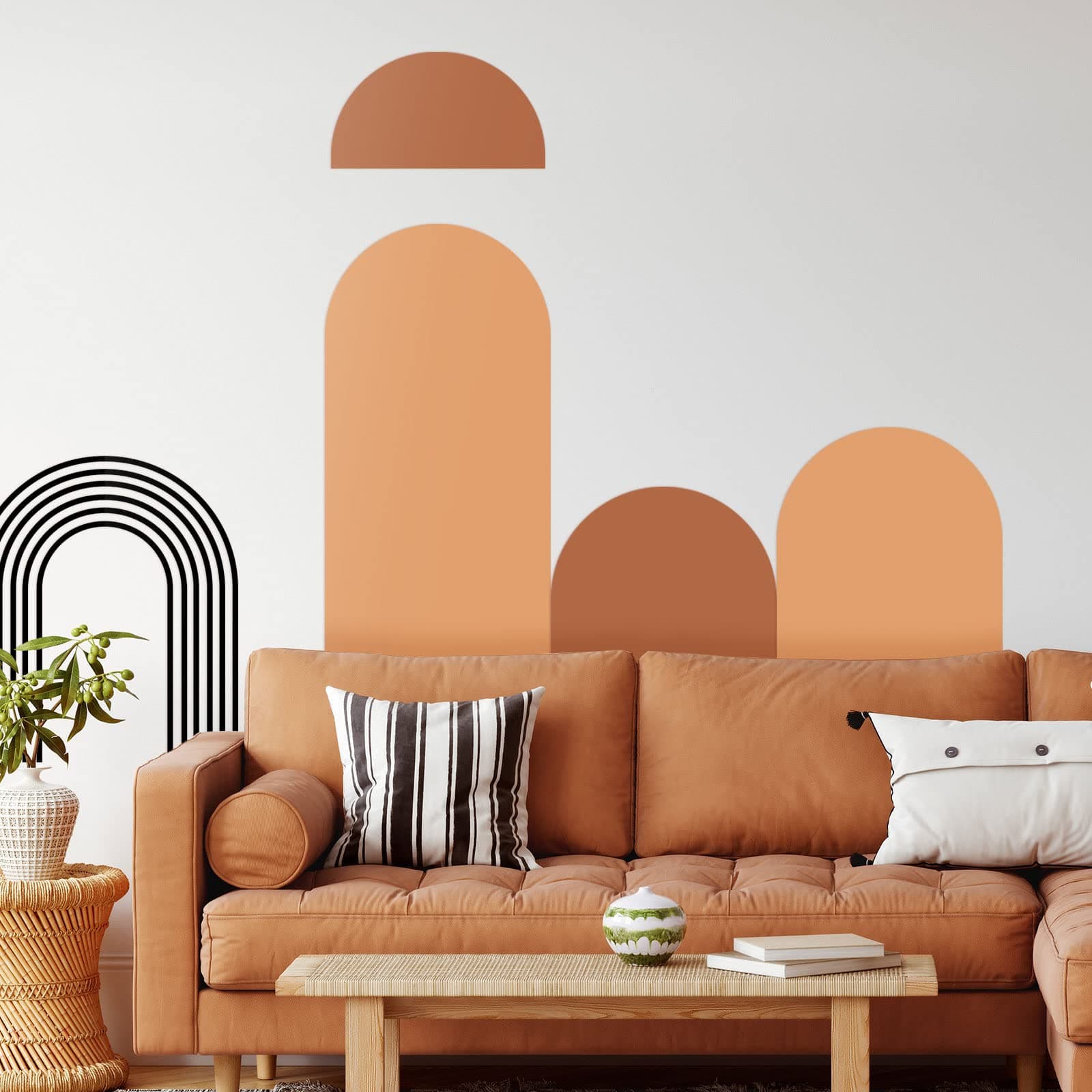 5 Sheets Arch Wall Decal Orange Terracotta Decor Abstract Boho Wall Paper Black Half Arch Murals Modern Geometric Murals Painted Removable Peel Stick Stickers for Living Room Bedroom Office