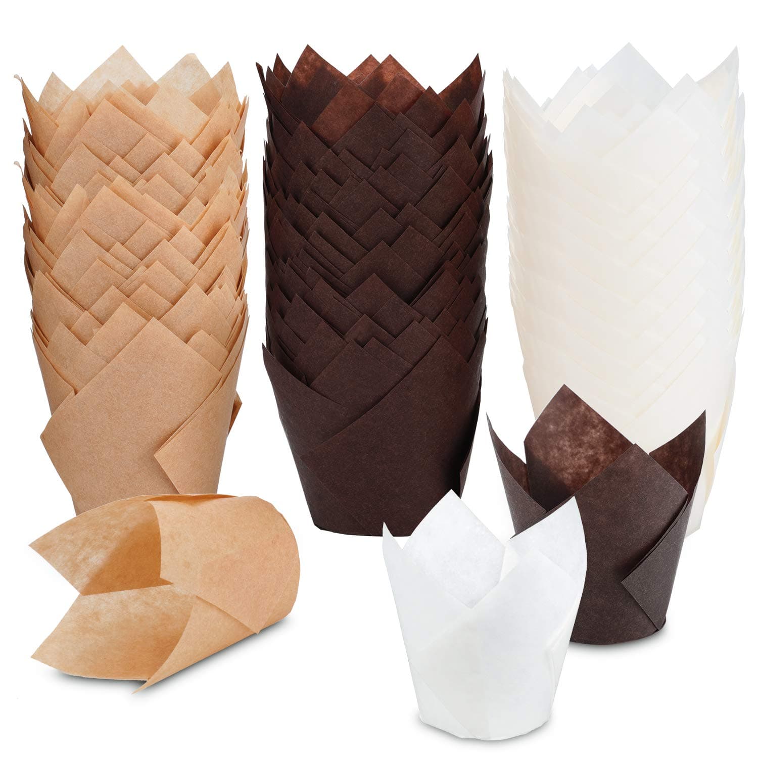 TRUSBER Tulip Cupcake Liners, 150 pieces Baking Cups Baking Cup Holders and Muffin Baking Cups for Wedding, Birthday, Christmas, Baby Shower Parties, Brown, White and Nature color