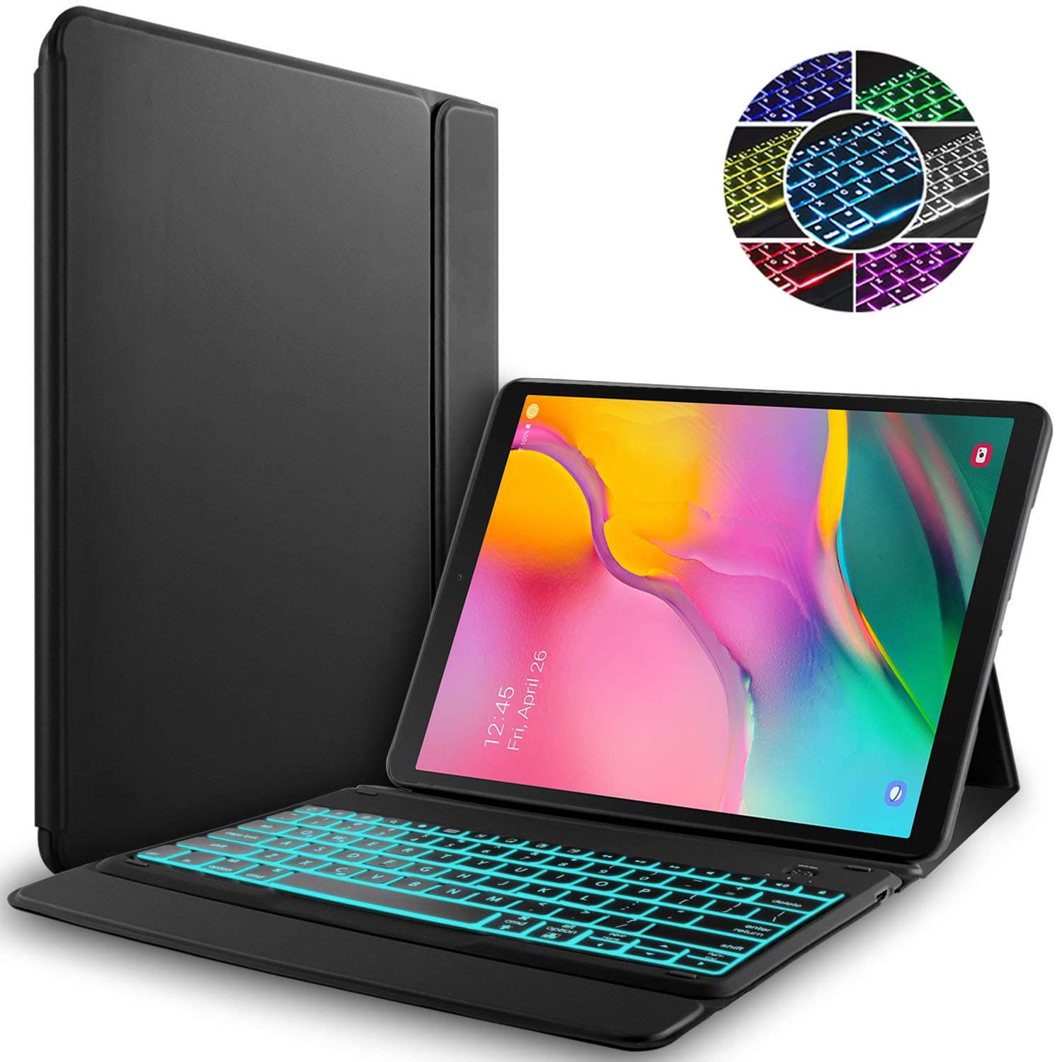 RLTech Samsung Galaxy Tab A 10.1 2019 Keyboard Case - (QWERTY Layout), 7 Colors Backlit Ultra Slim Flip One-Piece Wireless Keyboard Stand Case Cover for Samsung Galaxy Tab A T510/T515 10.1 2019, Black