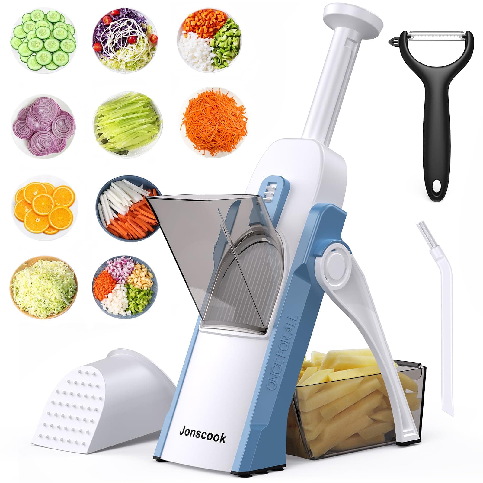 Safe Mandoline Slicer for Kitchen, Adjustable Thickness 0.1-8 mm, 5 in 1 Multi Vegetable Chopper, Potato Slicer, Food Chopper French Fry Cutte, with Paring Knife/Cleaning Brush, Mandolin (Haze Blue)