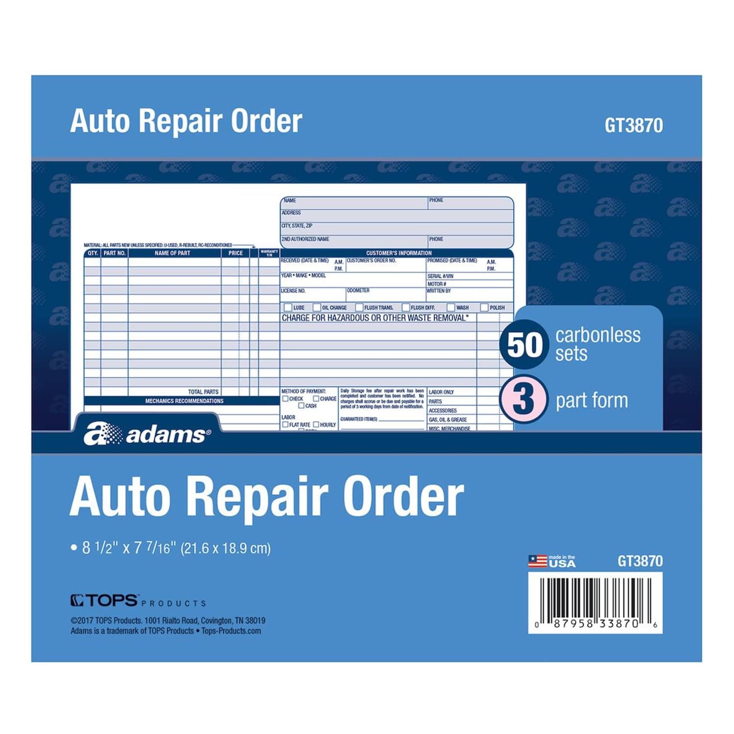 Adams Auto Repair Order Forms, 8.5 x 7.44 Inch, 3-Part, Carbonless, 50-Pack, White and Canary (GT3870)