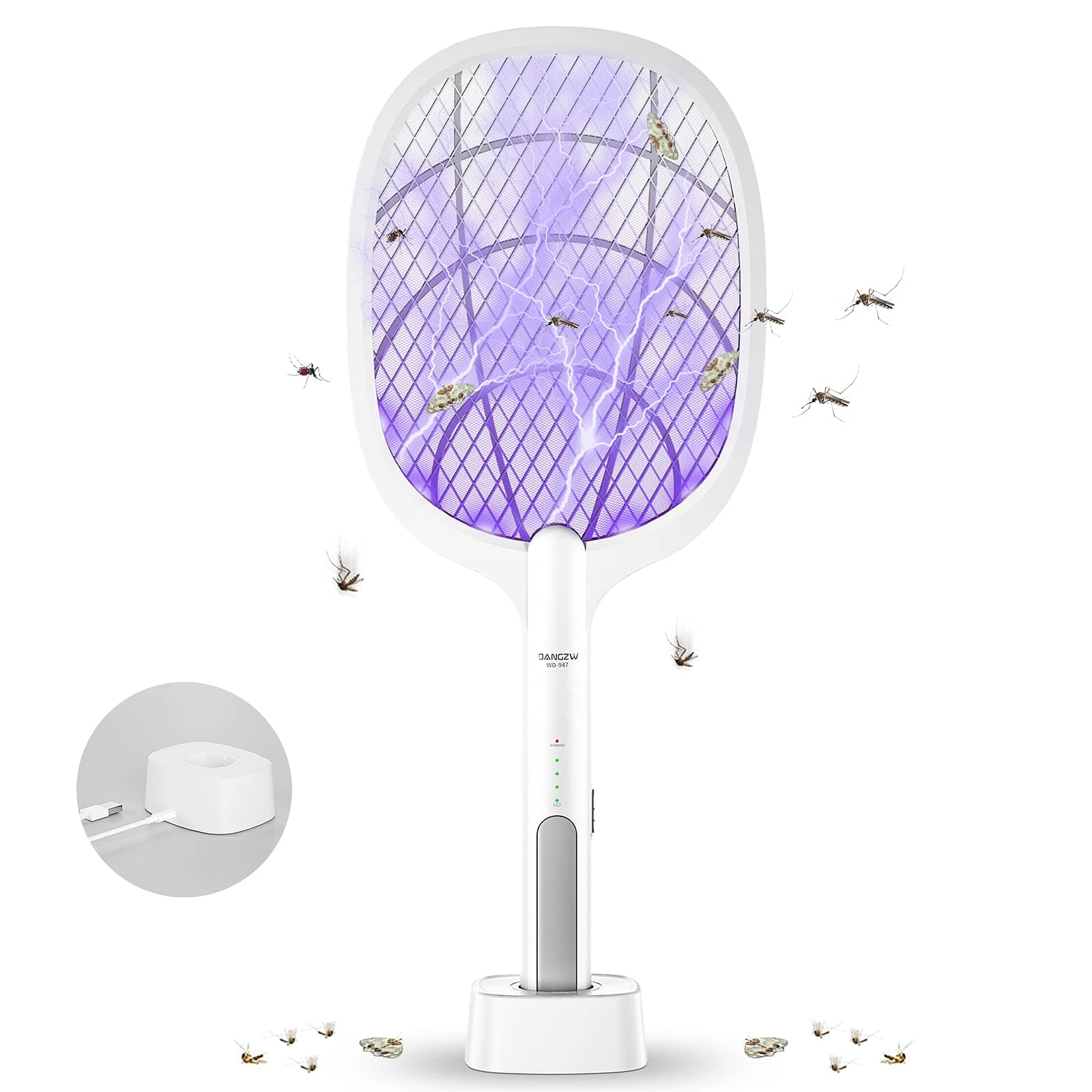 DANGZW Electric Fly Swatter, 3500V USB Rechargeable Fly Killer Bug Zapper Racket with Charging Base, Home and Outdoor Mosquito Killer with LED Light for Mosquitoes, Flies, Bees, Moths (White)