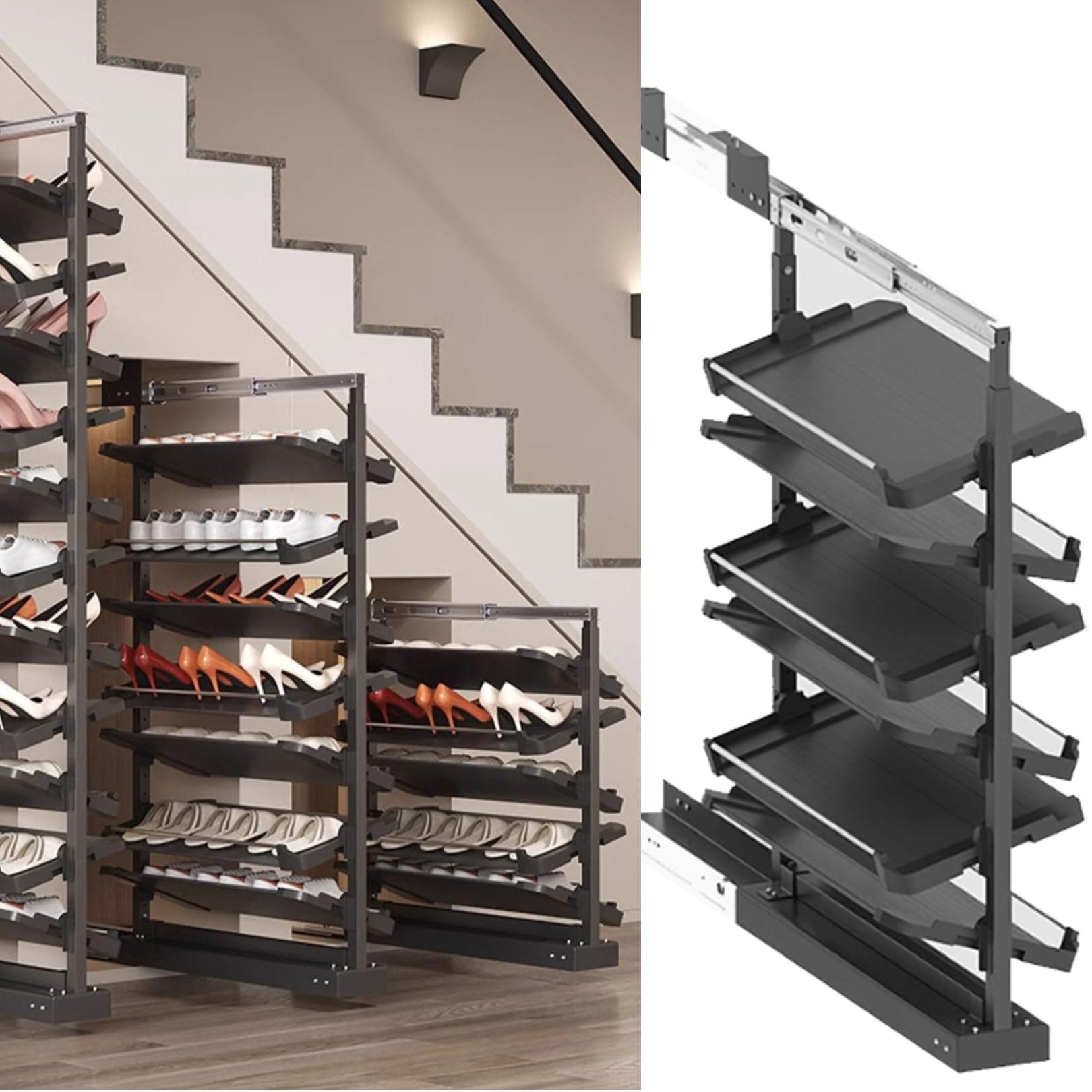 Pull-Out Shoe Rack Organizer for Closet Shoe Cabinet,Adjustable Height Retractable Metal Stackable Shoe Rack, Vertical Shelf Organizer for Small Bedroom Closet, Space Saving Storage, Black(48cm,6 Tier