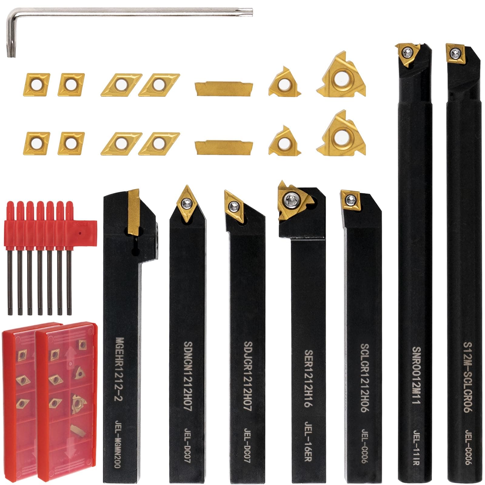 21 PCS Kit,Indexable Lathe Turning Tool,1/2" 12mm Shank,7Pcs Metal Lathe Cutting Holder with 14Pcs Carbide Turning Inserts,Carbide Lathe Turning Tools for Turning Grooving Threading Boring