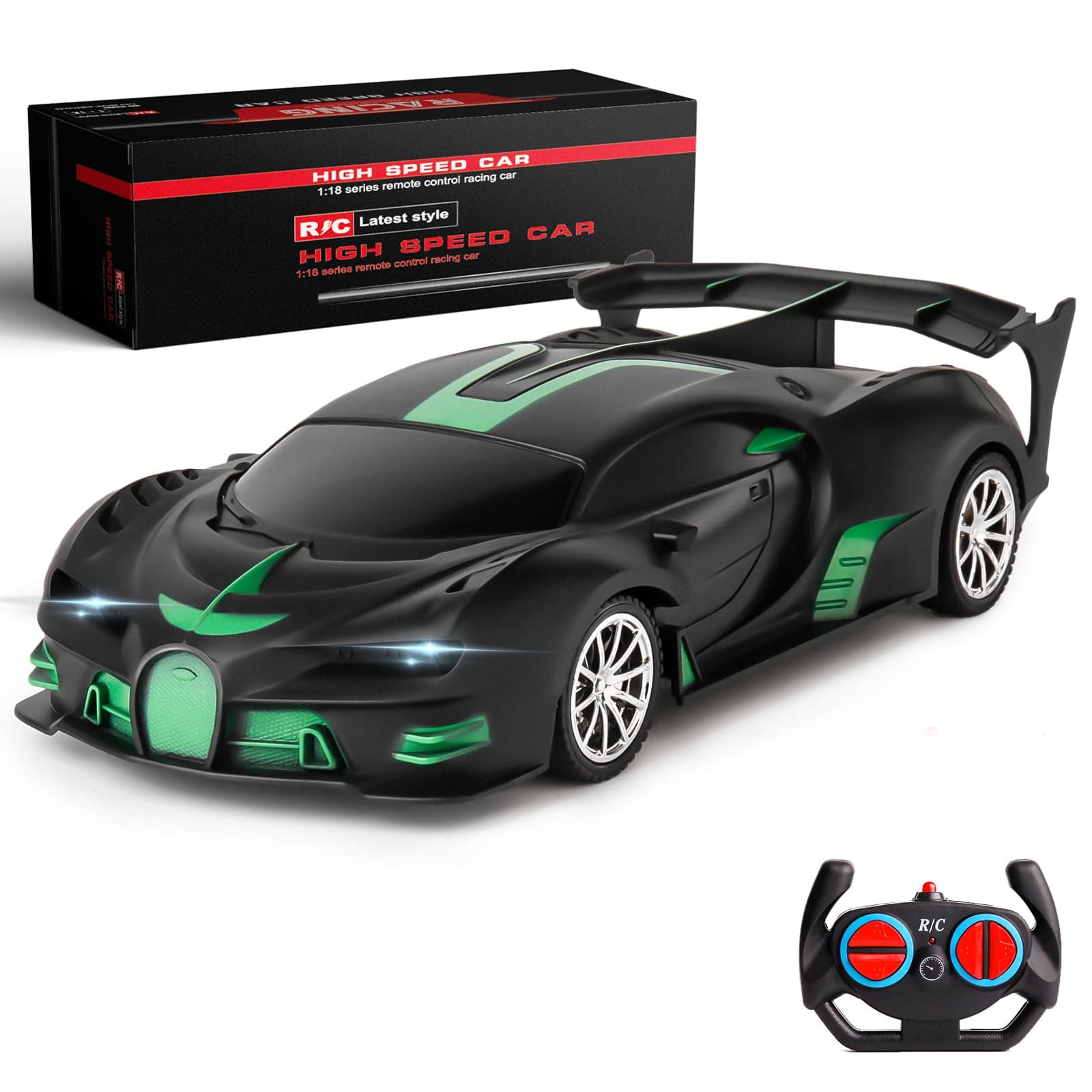 Remote Control Car 1/18 High Speed RC Cars Toys for Boys Girls Vehicle Racing Hobby with Headlight Xmas Birthday Gifts for Kids (Green Black)