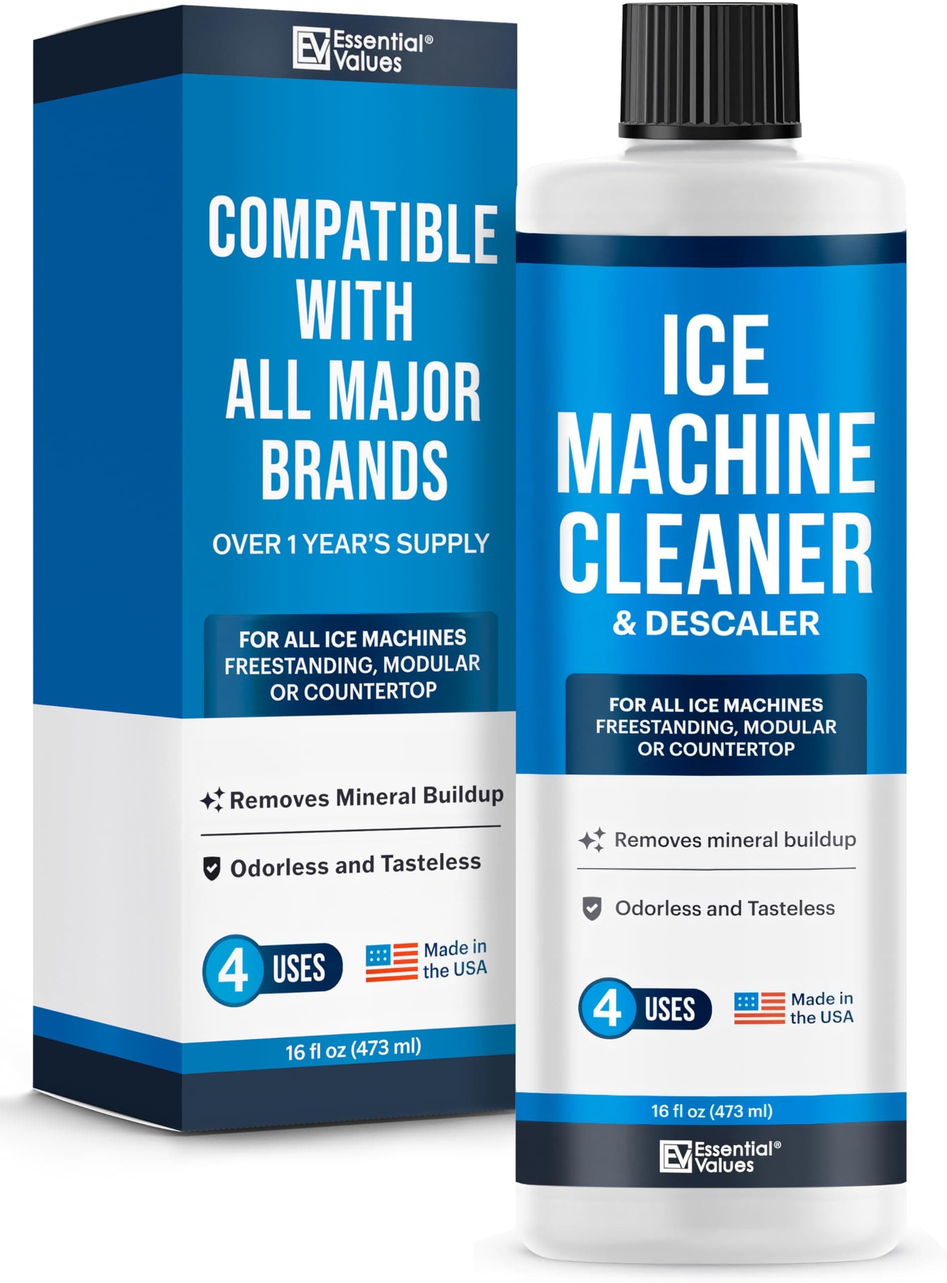 Essential Values Ice Machine Cleaner, Nickel Safe Descaler | Ice Maker Cleaner, Universal Application For Affresh/Whirlpool 4396808, Manitowac, Ice-O-Matic, Scotsman, Follett Ice Makers By, 16OZ