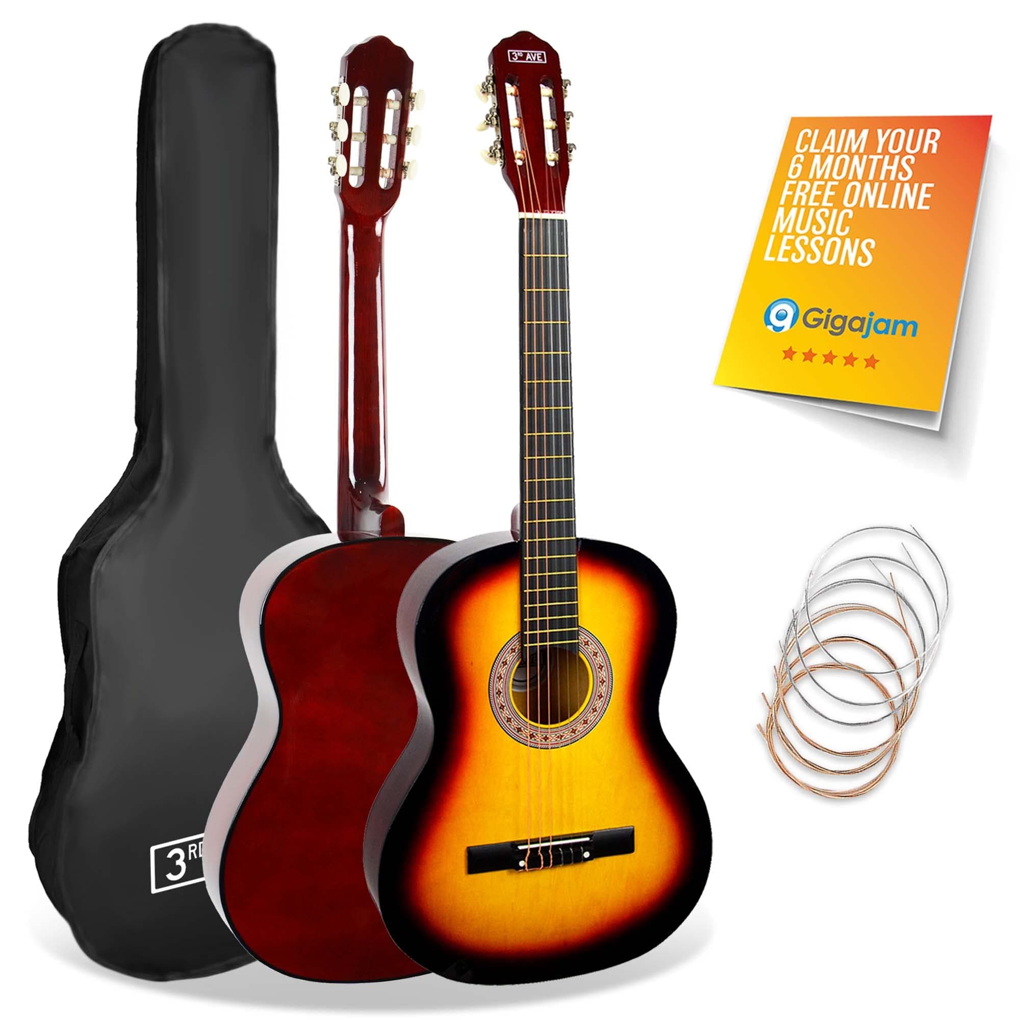 – Full Size 4/4 Classical Guitar Spanish Nylon String Beginner Pack Bundle - 6 Months FREE Lessons, Bag, Strings – Sunburst