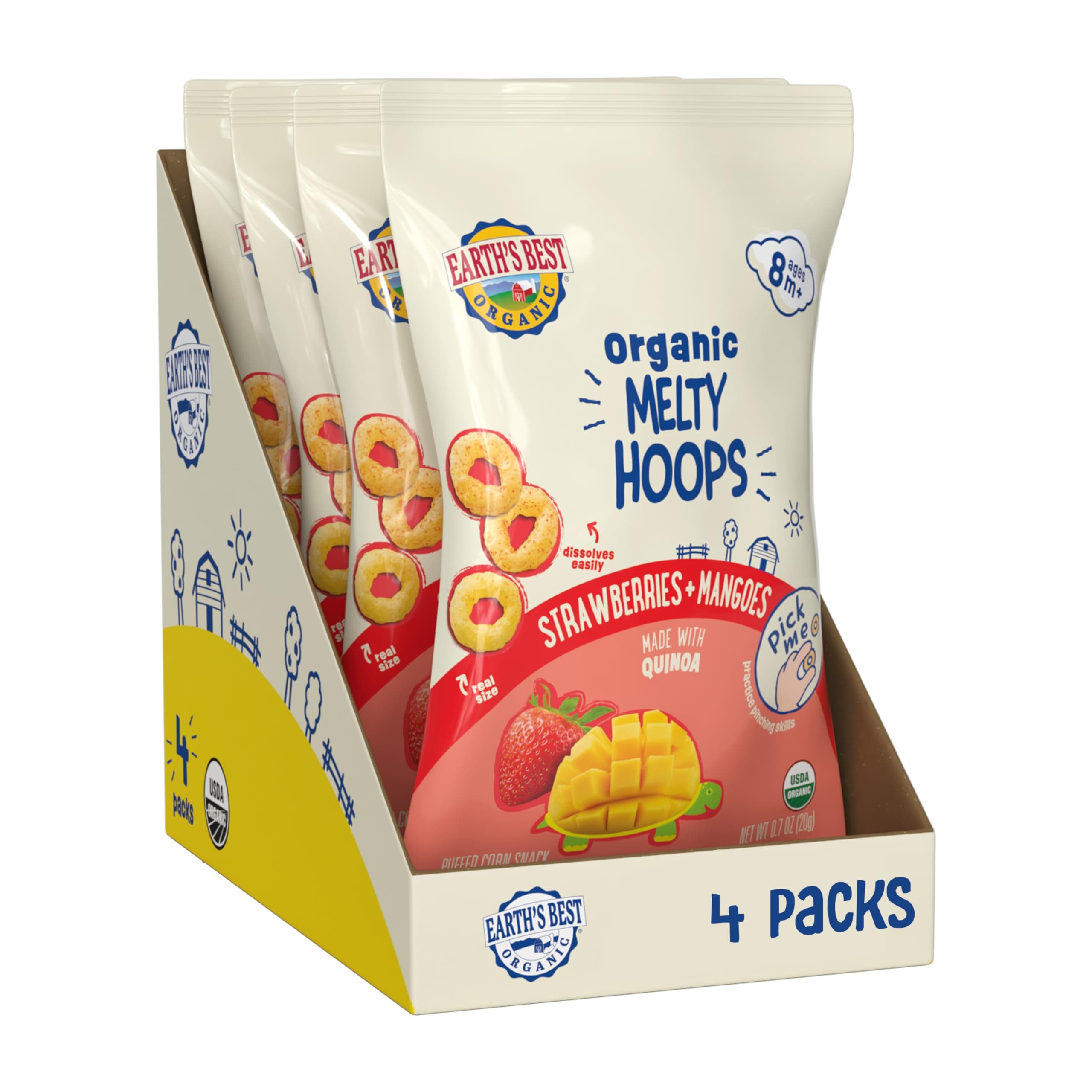 Earth's Best Organic Melty Hoops, Bite-Sized Snacks for Babies 8 Months and Up, Strawberry and Mango, 0.70 Ounce Bags (Pack of 4)