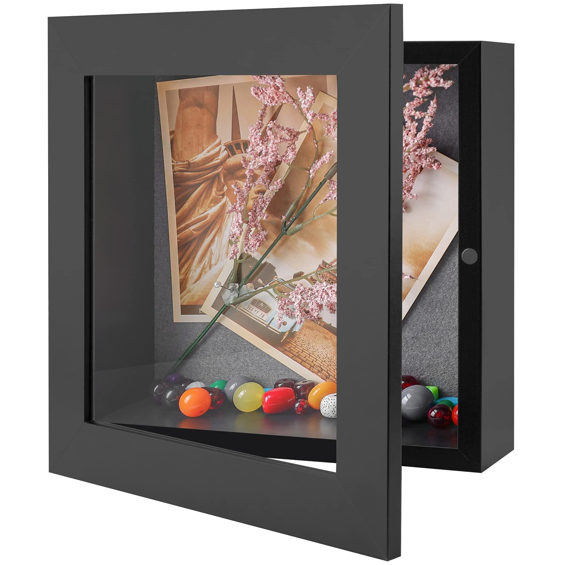 Frametory8x8 Shadow Box Frame - Front Opening - 2 inch Depth Display Box for Wall and Tabletop Display- Memory Box, 6 Pins Included (8x8, Black)