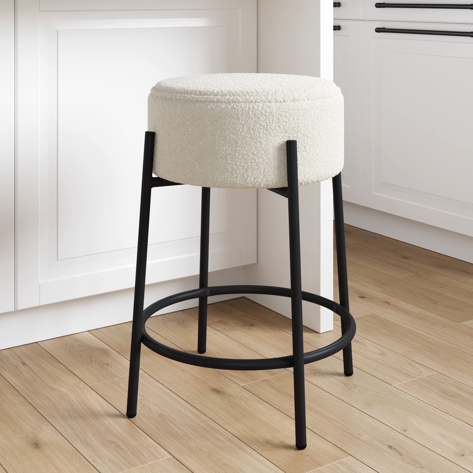 Isaac 24" Modern Backless Bar Stool with Round Soft Padded Boucle Seat and Metal Mid-Century Base, Boucle White/Black