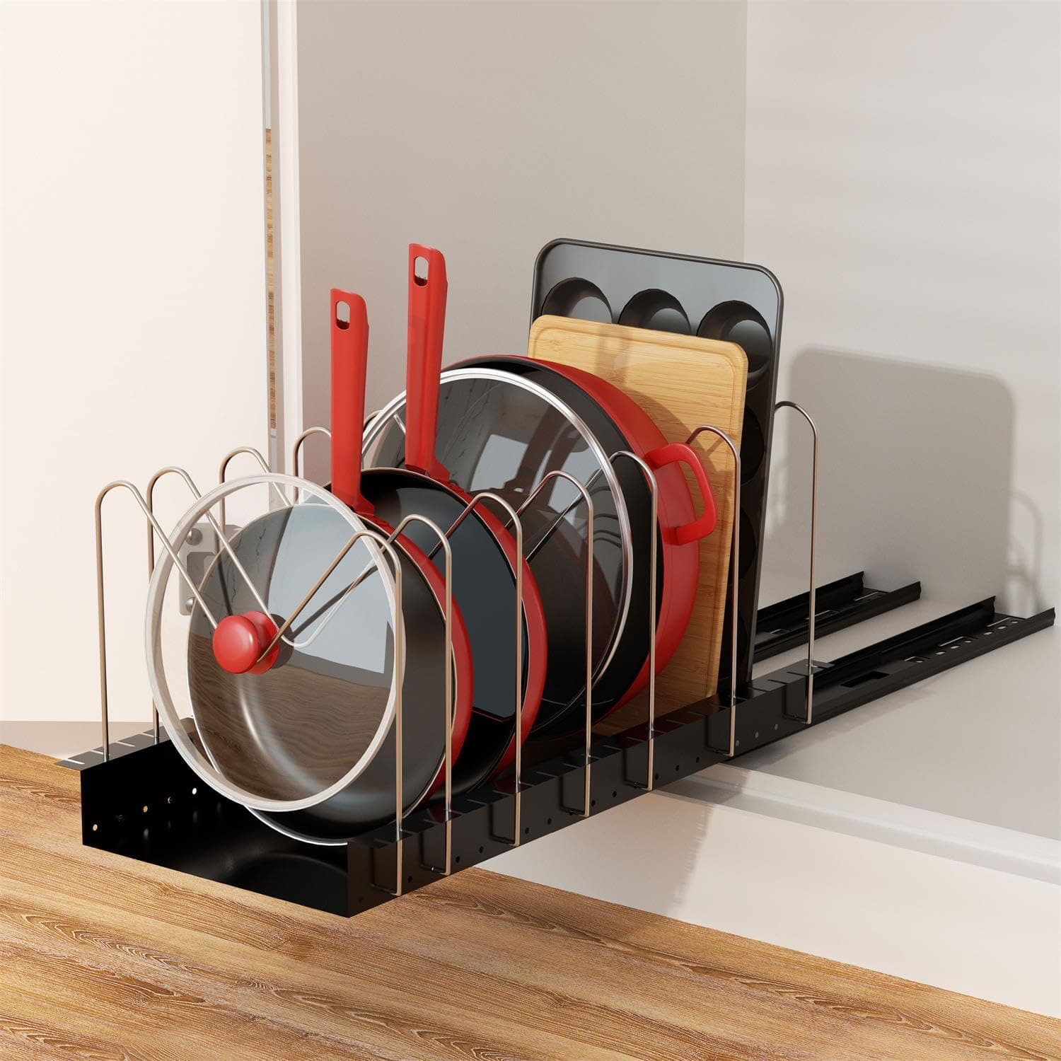 Pull Out Pots and Pans Organizer for Cabinet - Sliding Lid Holder and Pan Rack in Kitchen, Cabinet Pull Out Shelves, Slide Out Cabinet Organizer, Pot Lid, Bakeware and Pan Storage, 16.5"Dx8"Wx7.5"H