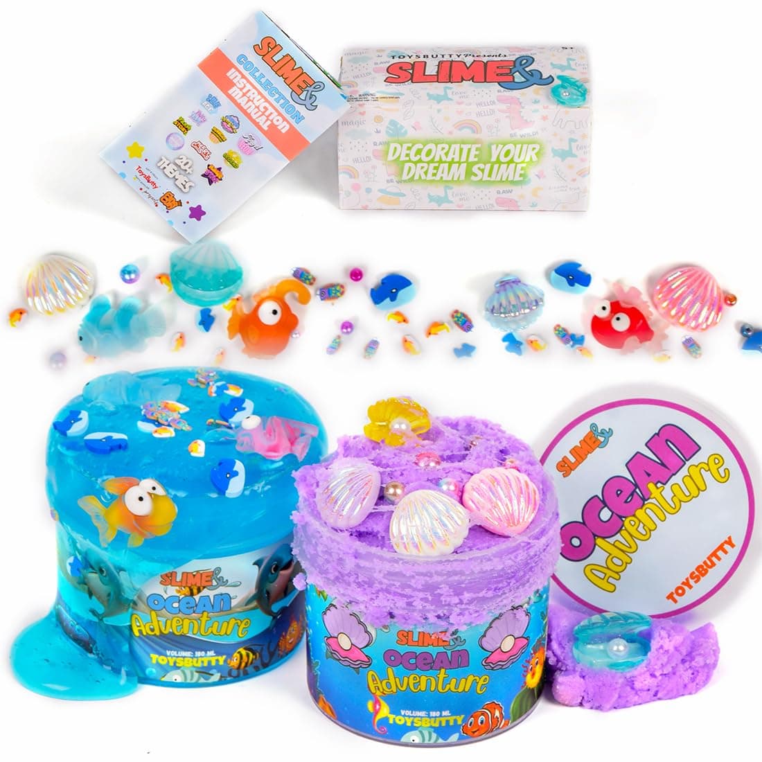 FINOCLAY 2 Pack Clear & Cloud Slime Kit for Kids, Create with Fun Ocean Theme, Premade Scented Slime Making kit,8 Cute Accessories, 2 Big Charms Putty Set Sensory Play for Boys & Girls Ages 5-12+