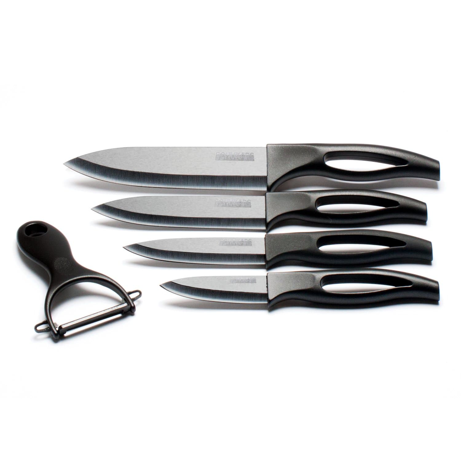 Kitchen Ceramic Knife Set - Professional Quality - Complete Set of 4 Knives (3" 4" 5" 6") - Super Sharp Black Ceramic Sheet - Black Handle - Vegetable Horizontal Peeler | Schukaps Home |