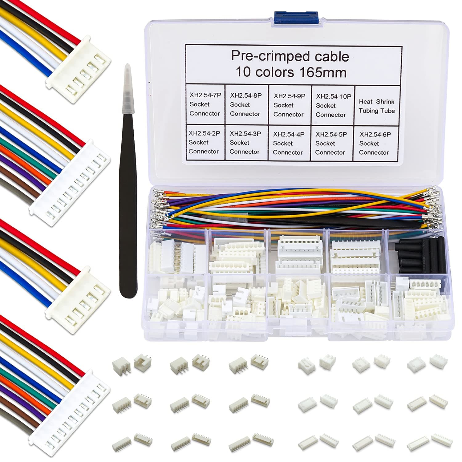 XH 2.54mm JST Connector Socket Kit with Pre-Crimped Cables Wire 2/3/4/5/6/7/8/9/10 Pin Housing JST Adapter Cable Connector Socket 22AWG Wire 10 Colors