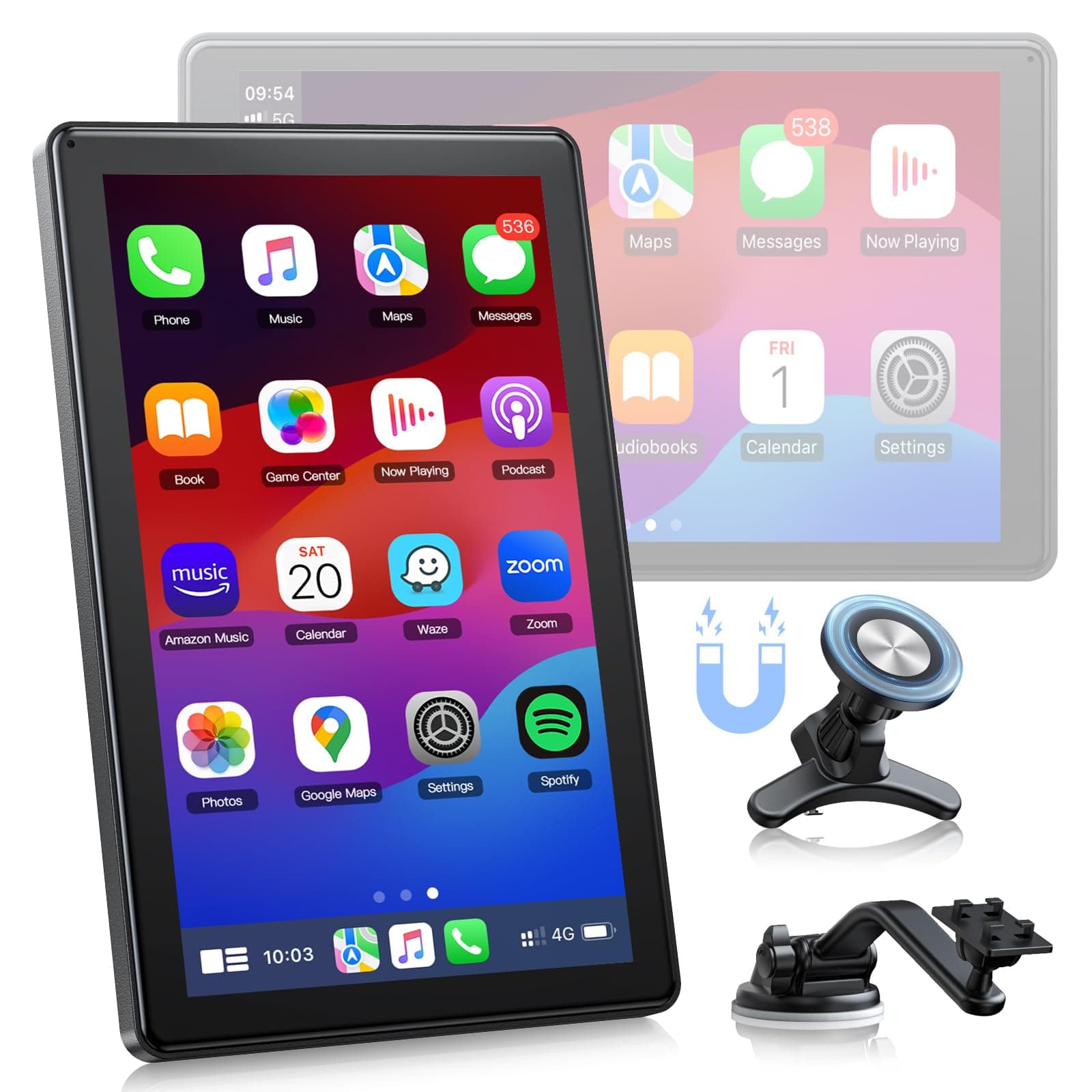 LAMTTO Wireless Apple Carplay Screen for Car Android Auto Magnetic Holder, OTA, Portrait & Landscape Screen, GPS Navigation, Portable Car Audio Receivers Mirror Link, Bluetooth, Voice Control