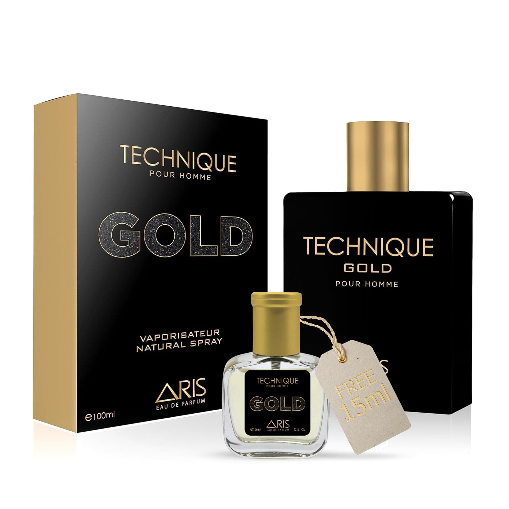 ARIS Technique Gold Eau de Parfum for Men – Long-Lasting Black and Gold Fragrance – 100ml Perfume Spray for Daily or Evening Use – Men’s Cologne Comes with Extra 15ml Sample (Random Scent Included)
