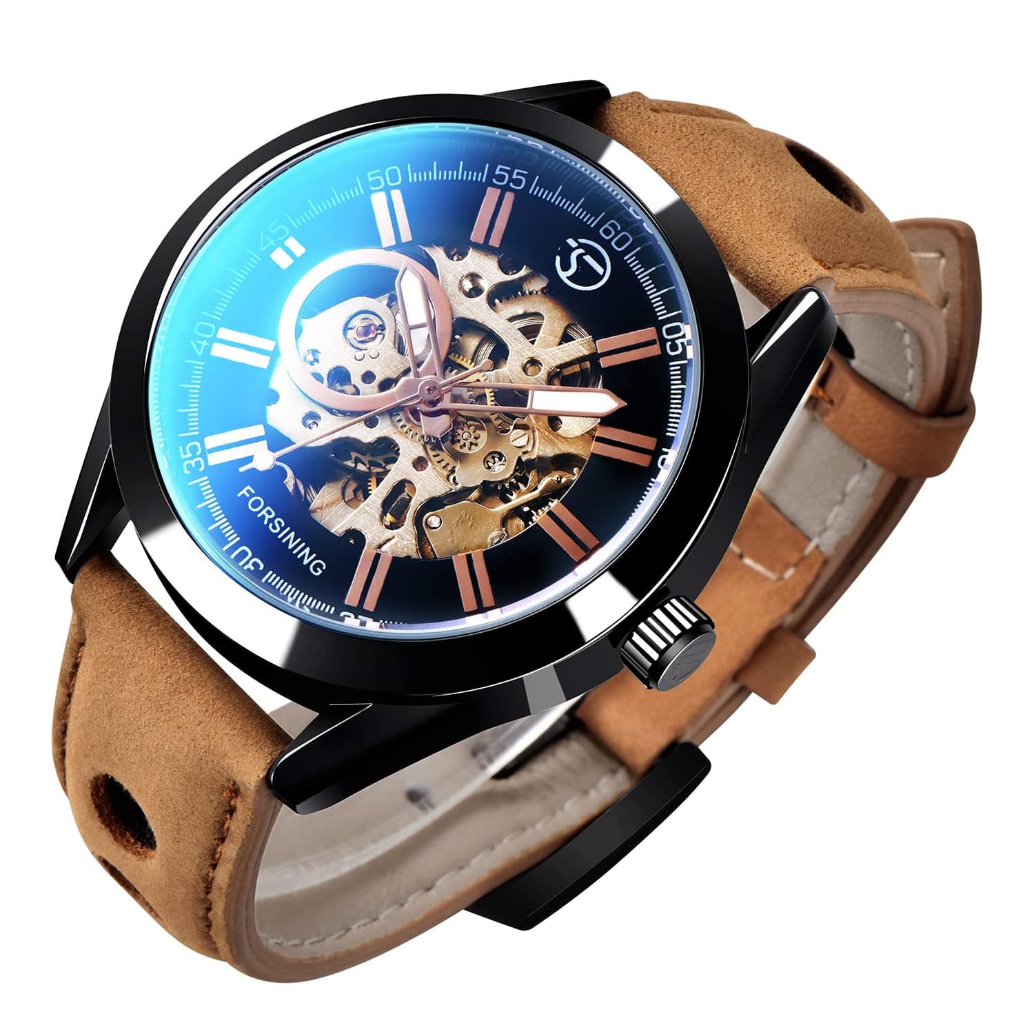 Automatic Watch for Men, Mens Skeleton Automatic Mechanical Wrist Watch Analog Casual Sport Brown Leather Clock, ‎ 24 x 2 x 1.4 cm, strap