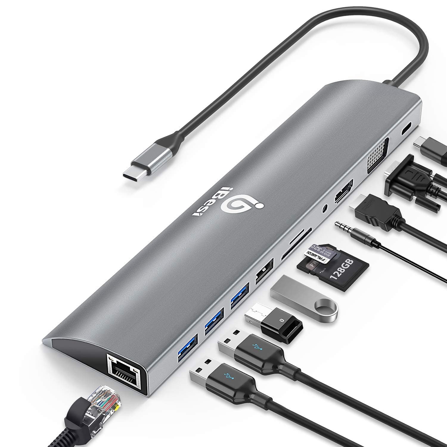 USB C Hub, iBesi 11 in 1 USB-C Laptop Docking Station with Gigabit Ethernet Port 30CM Cable, 4K HDMI, VGA, 3 USB3.0, 1 USB2.0, SD/TF Cards Reader, USB-C PD 3.0, Audio Only for MacBook, iPad, Dell