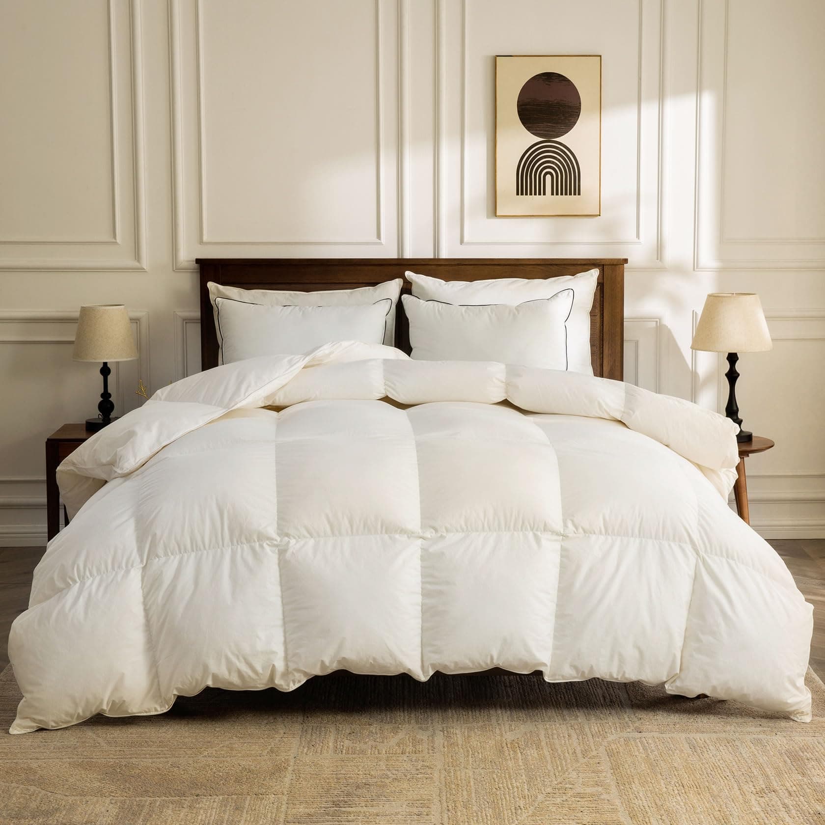 Feather Down Comforter Queen Size, Hotel-Luxury Fluffy Duvet Insert with Organic Cotton Cover and Puffy Feather Down Filling for All-Season, Ivory White, 90x90 Inches