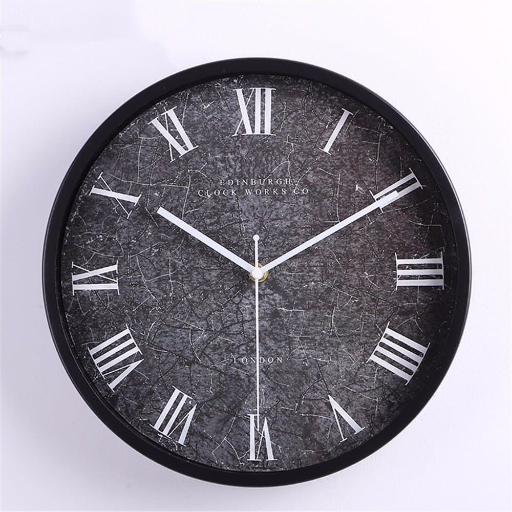 EXDJ 12" simple metal round wall clock,Black bottom Quartz clock,child mute Roman numerals Decoration clock,black