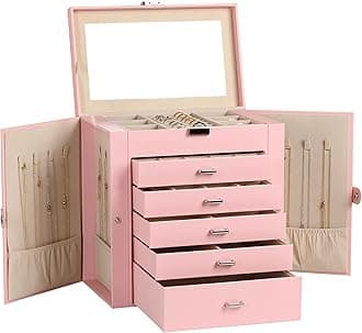 Frebeauty Large Jewelry Box,6-Tier PU Leather Jewelry Organizer,Multi-functional Storage Case with Mirror,Accessories Holder with 5 Drawers for Necklace Bracelets Watches(Pink)