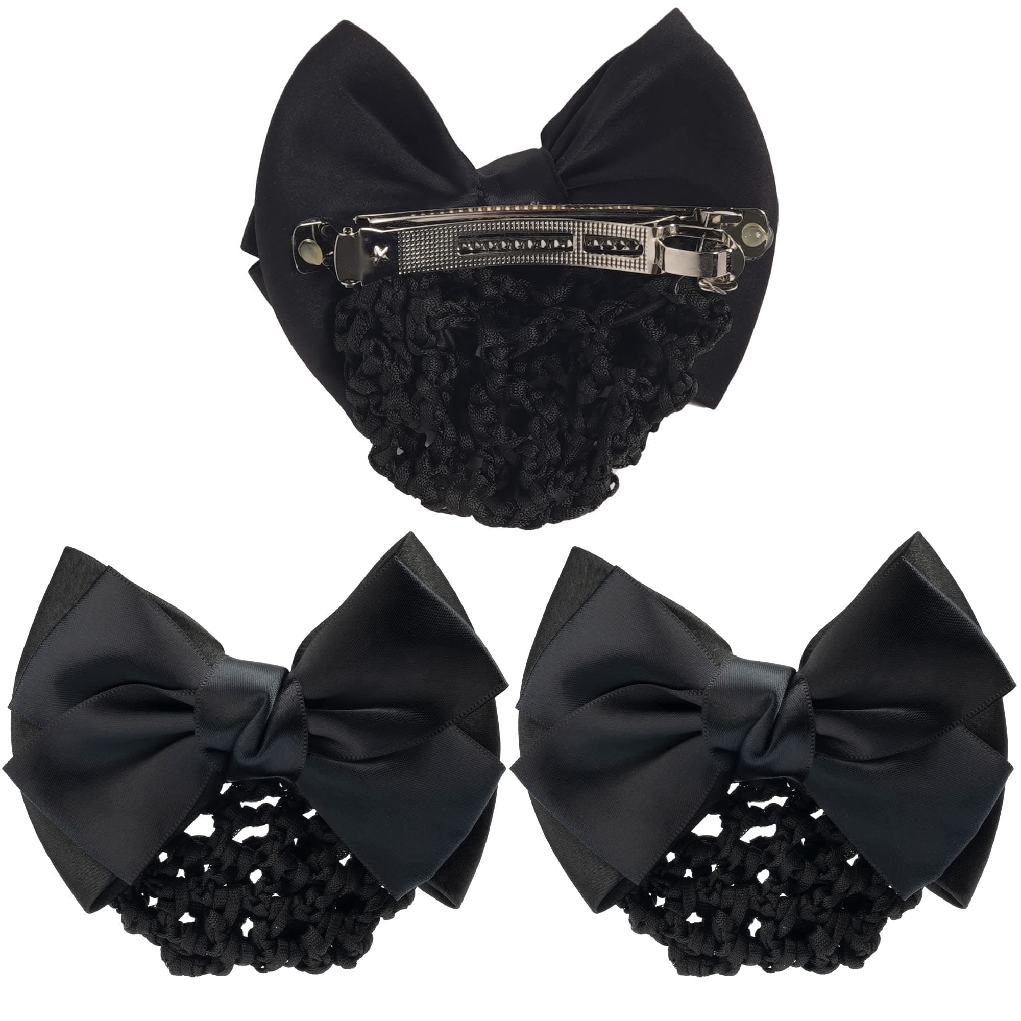 EOPER 3 Pieces Solid Color Satin Bow Barrette Bowknot Snood Net Hair Clip Cover Women Hair Accessories, Black