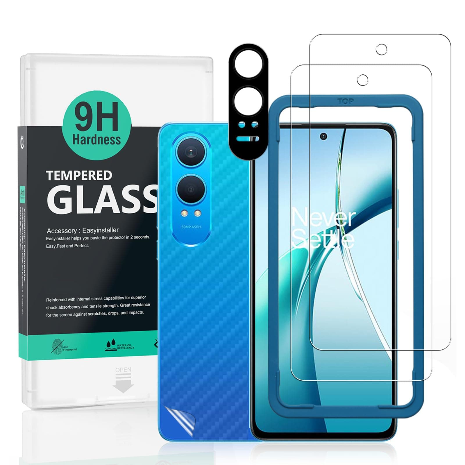 Screen Protector (2 Pack) For OnePlus Nord CE4 Lite 5G,9H Hardness Tempered Glass,With 1Pc Metal Camera Lens Protector,1Pc Back Protector,Easy to Install