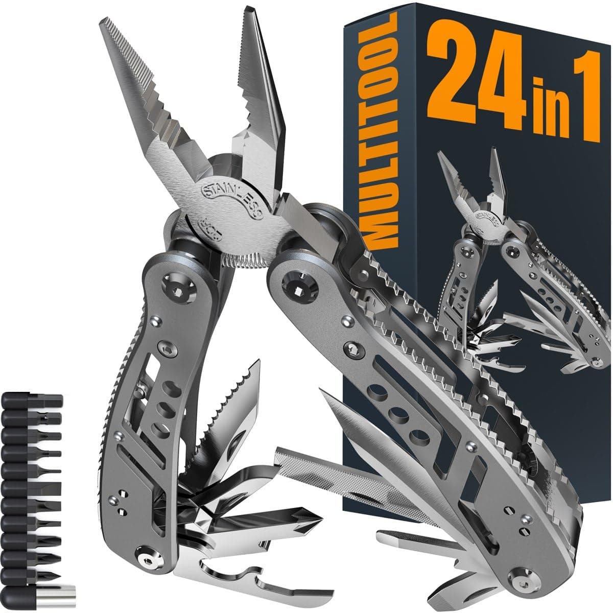 24-in-1 Multitool with Knife, Pliers & 11 Bits Sharp Stainless Steel - Multi Tool for Men - Ideal Gear with Tools for Camping Hiking, Survival, EDC - Best Gifts for Husband Boyfriend 2238
