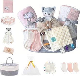 CREVENT Set for Girls -Diaper Caddy Organizer Basket with 2 Blankets, 1 Taggie, 1 Lovey, 3 Socks，1 Headband，1 Gift Bag with Ribbon - Newborn Essential Gift Set (Pink)