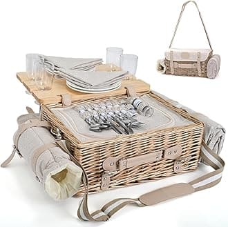 Multifunctional Wicker Picnic Basket Set for 4 with Blanket and Picnic Table, Insulated Picnic Set with Full Tablewares for Camping Outdoor Couples, Flowers