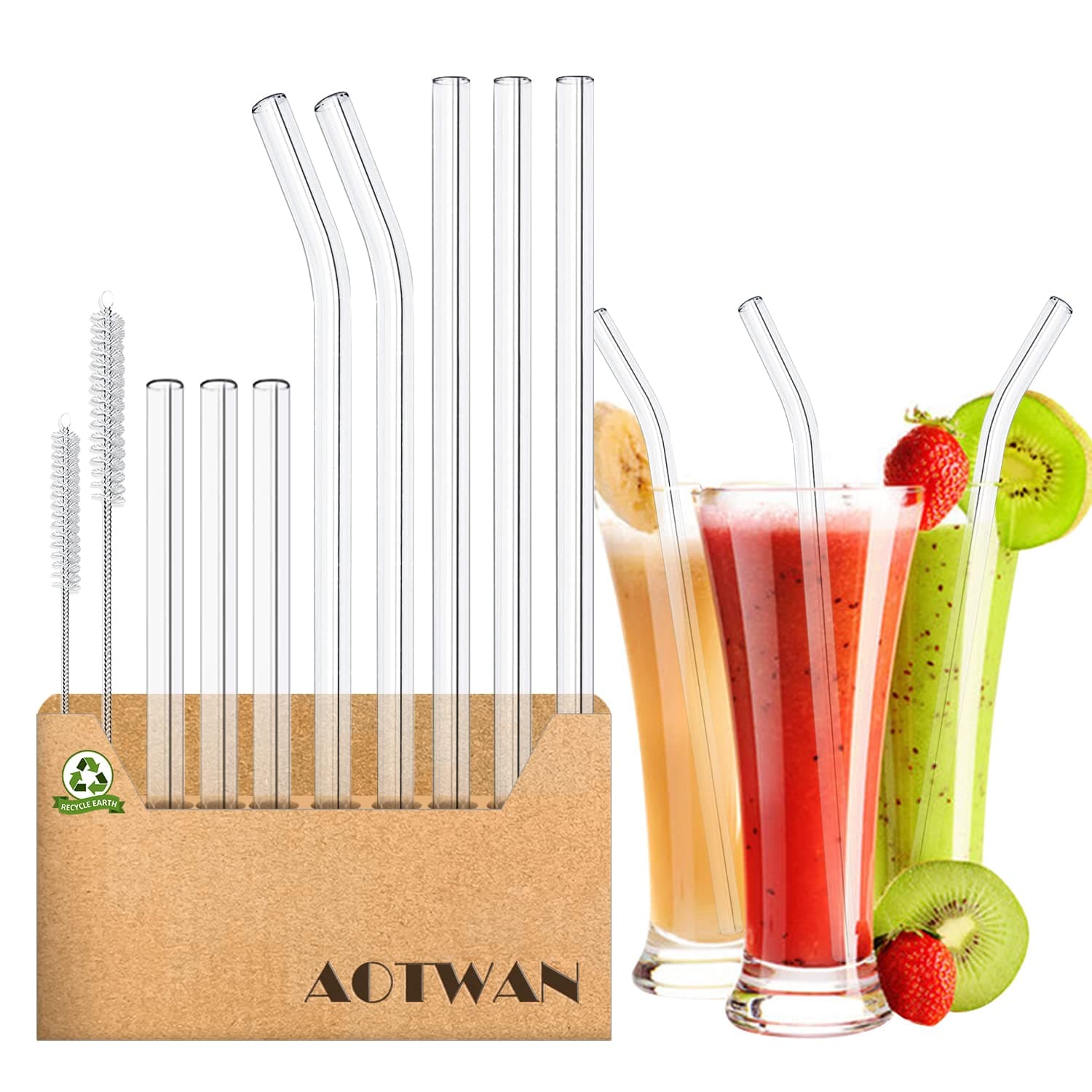 AOTWAN 10 Pack Glass Straws Drinking Reusable,Size 8.5’’x10MM,8.5’’x8MM and 6''x10MM,Glass Straws Shatter Resistant Including 6 Straight and 2 Bent with 2 Brushes,Reusable Straws for Cocktail