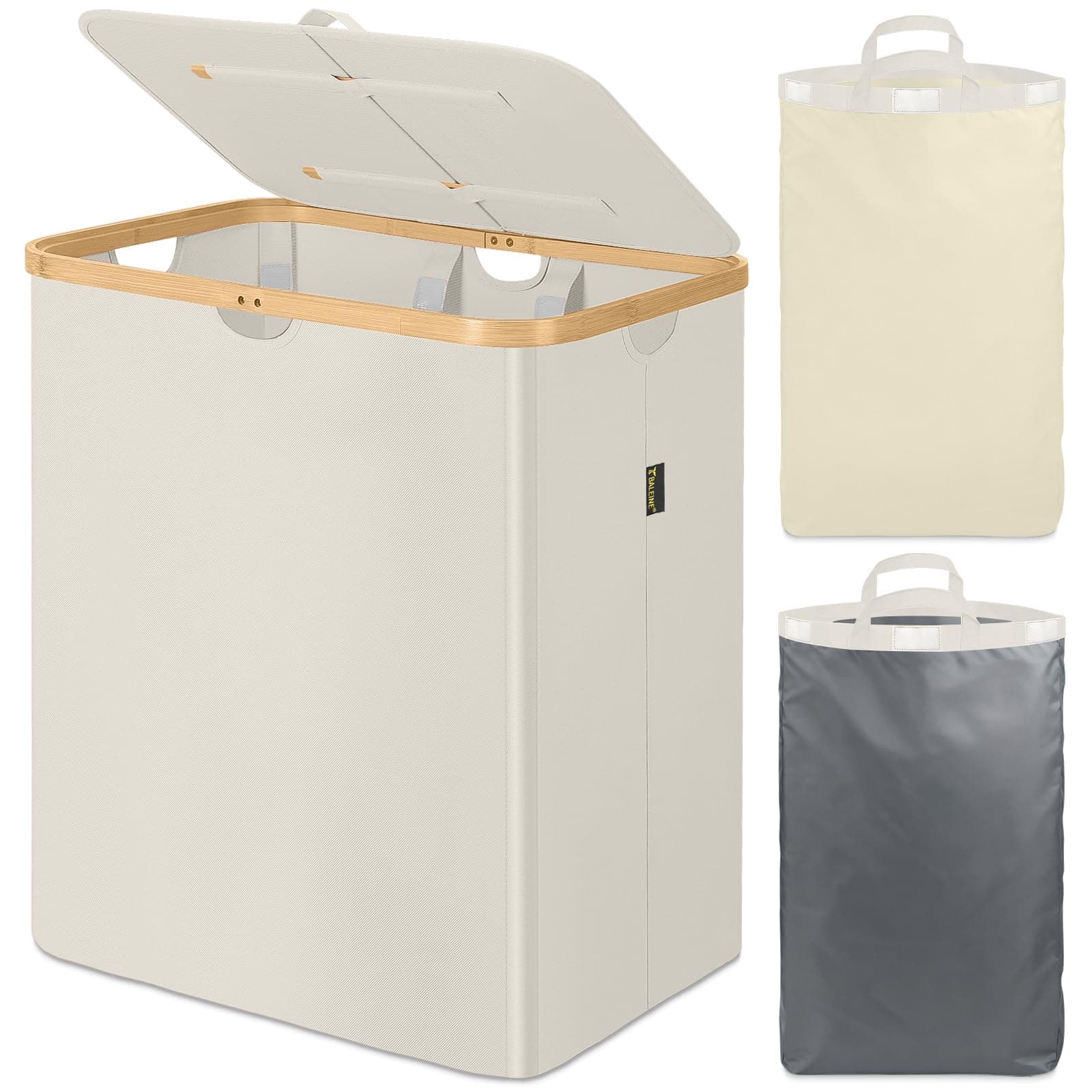 BALEINE Laundry Hamper with Lid, Tall Laundry Baskets with Bamboo Pull Handles, Large Laundry Bin with Internal Support (36 Gal/140L, Beige)
