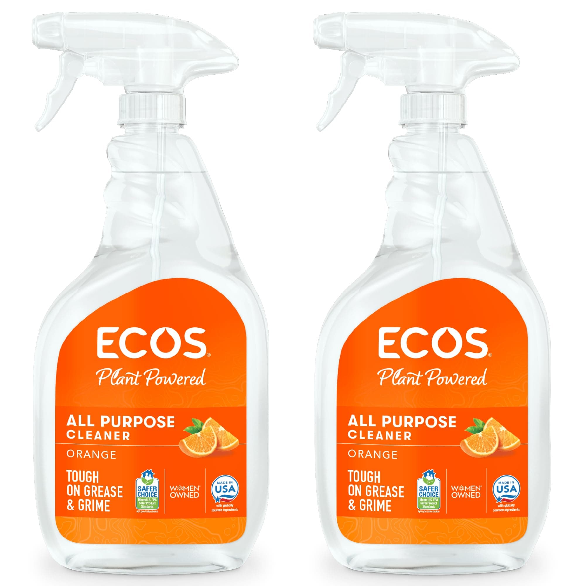 ECOS Plant-Based Multi-Surface Cleaner Spray, No Harsh Chemicals - For Counters, Glass, Tile, and More, Orange, 22 Fl Oz, Pack of 2