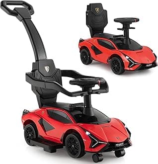 3 in 1 Ride on Push Car, Licensed Lamborghini Baby Stroller Sliding Walking Car with Parent Control Handle, Music, USB, Headlight, Under Seat Storage, Foot-to-Floor Toy for 18-60 Months (Red)