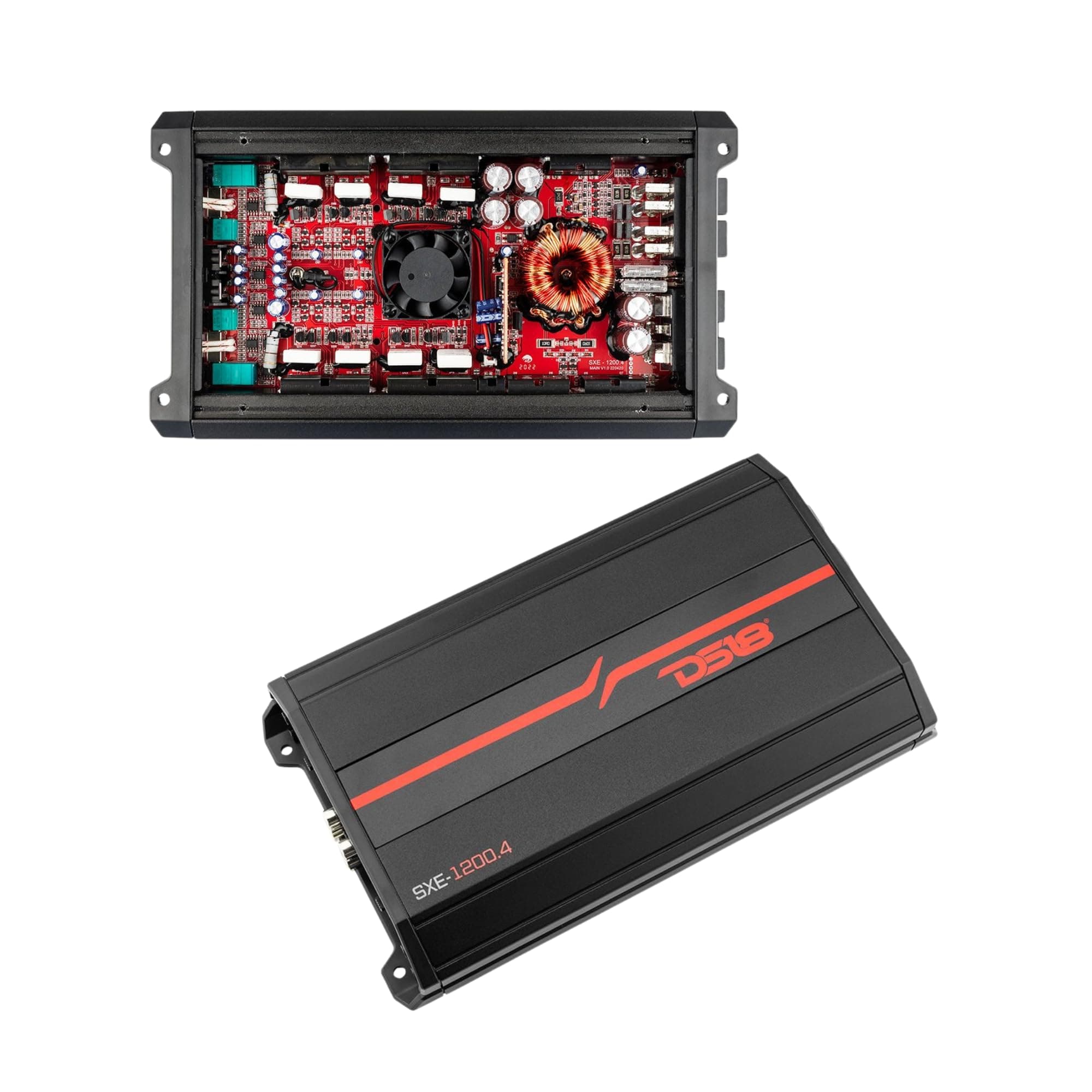 DS18 SXE-1200.4/BK Car Amplifier Stereo Full-Range Class A/B 4-Channel 60x4 RMS @4 OHM 1200 Watts - Powerful and Compact Amp for Speakers in Car Audio System