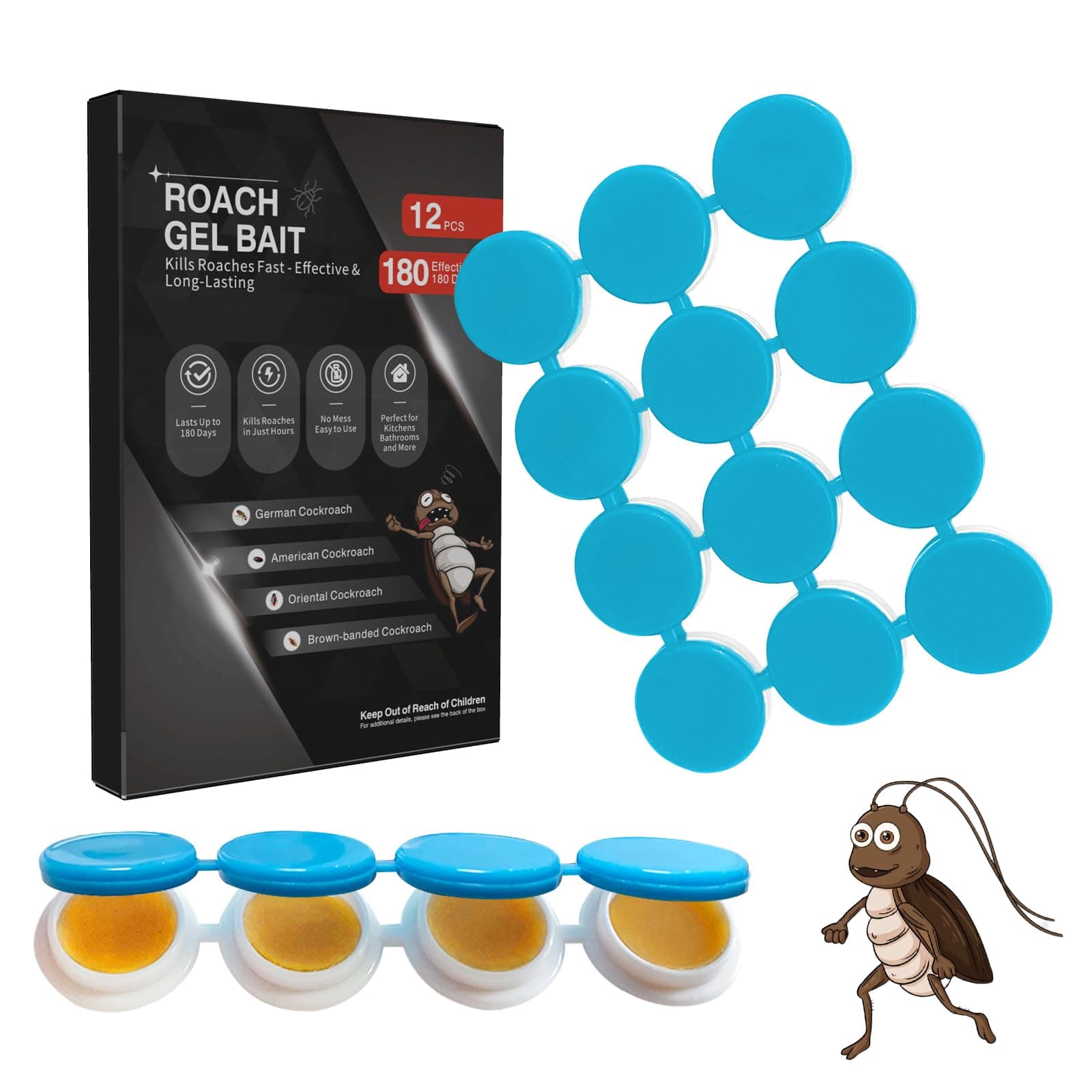 - 12 Pack Cockroach Gel Bait, Highly Effective Roach Gel Bait Indoor Infestation Solution, Fast Acting Cockroach Killer Indoor Home Kitchen Use, Easy to Apply & No Mess Roach Bait, Long-Lasting