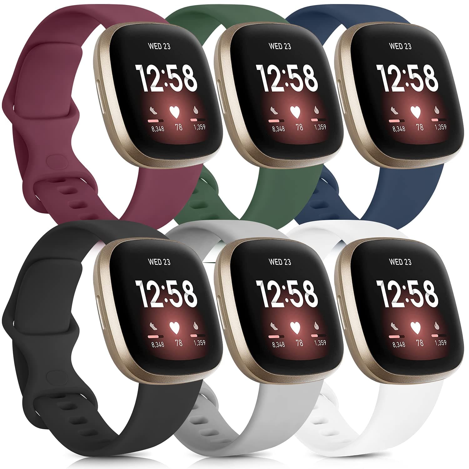 6 Pack Sport Bands Compatible with Fitbit Versa 3 Bands/Fitbit Sense Bands, Classic Soft Silicone Replacement Wristbands for Fitbit Versa 3 Smart Watch Women Men (Small, 6 Pack C)