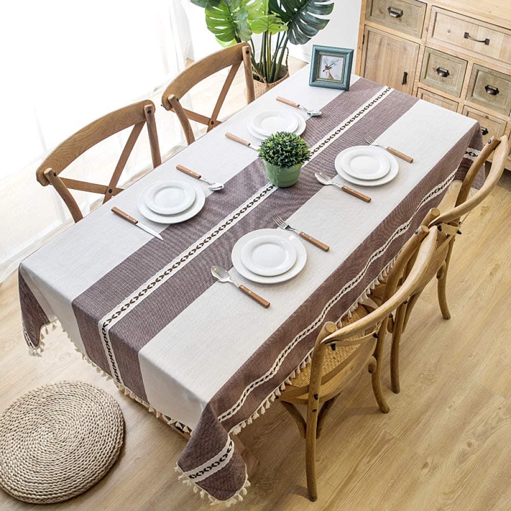 JUNJUN Plaid Decorative Linen Tablecloth With Tassel Waterproof Thicken Rectangular Wedding Dining Table Cover Tea Table Cloth Purple + tassel 55x98inch 140x250cm
