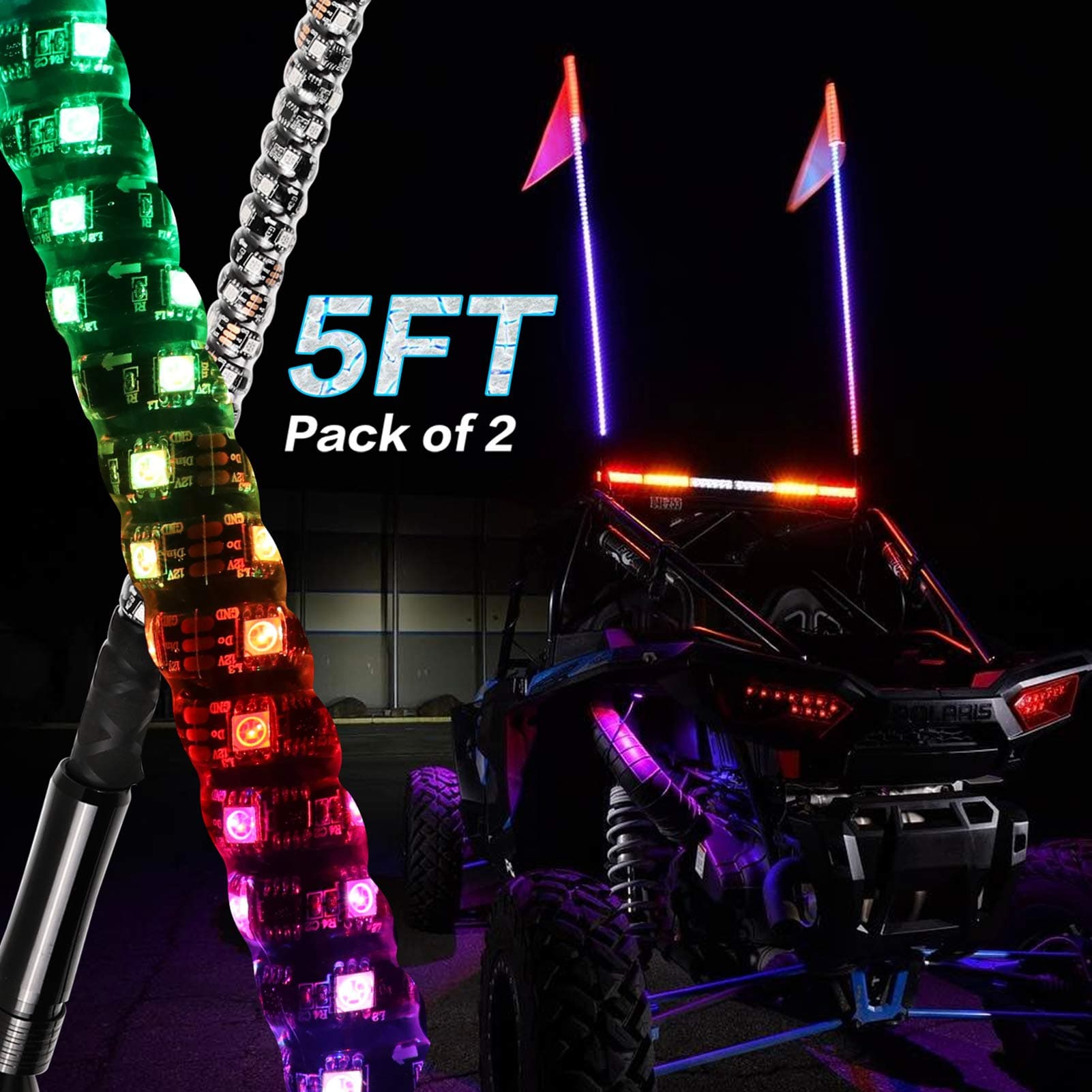 YCHOW-TECH LED Whip Lights, 2 Pack 5 Feet Whip Lights Lighted Whips with Remote Control RGB Dancing/Chasing Light LED Antenna Whips Spiral LED Light Whips for UTV ATV RZR Polaris SXS Buggy Dune